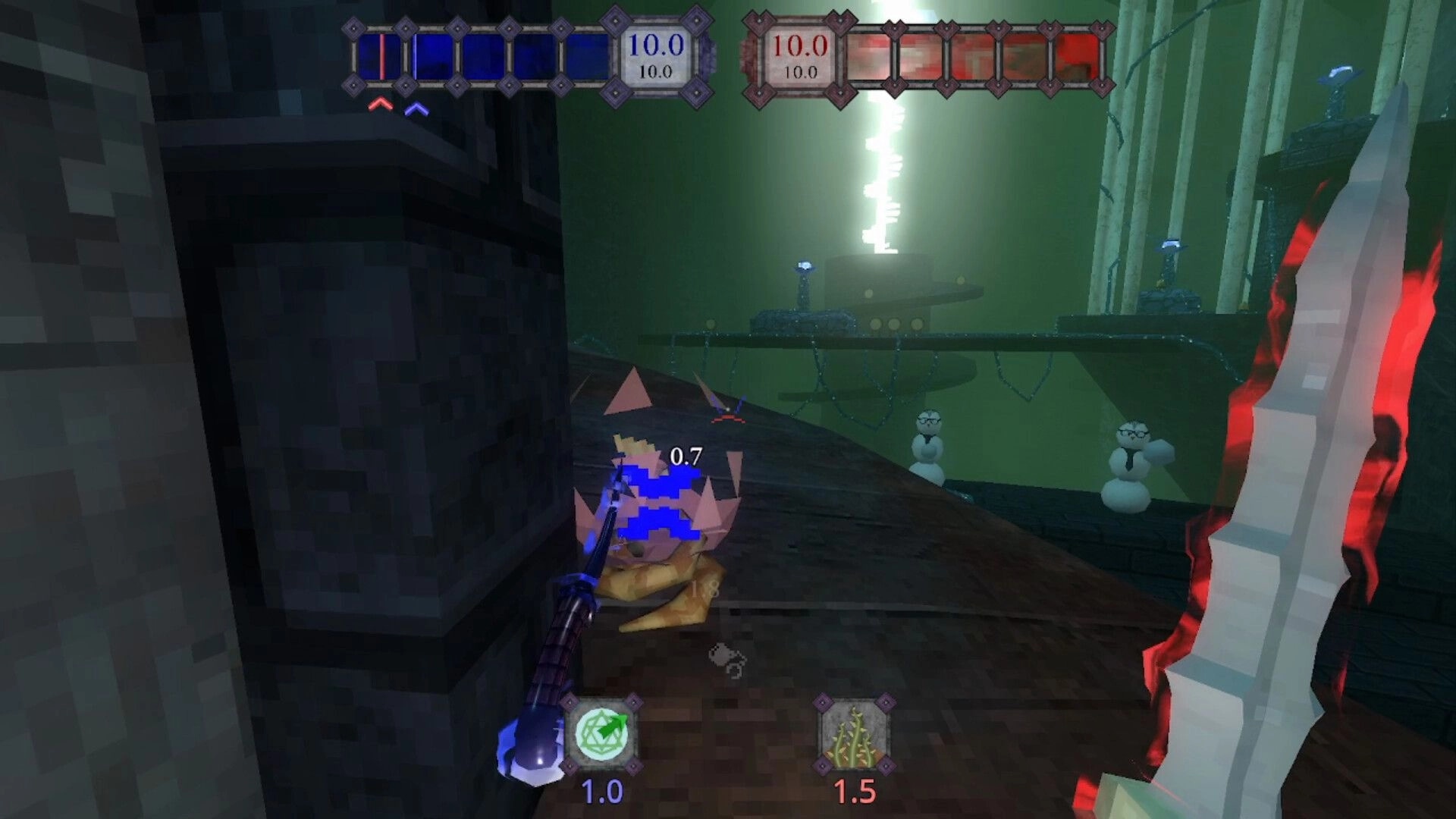 Deiity: Dungeon combat scene with player using sword, UI elements display health and magic stats
