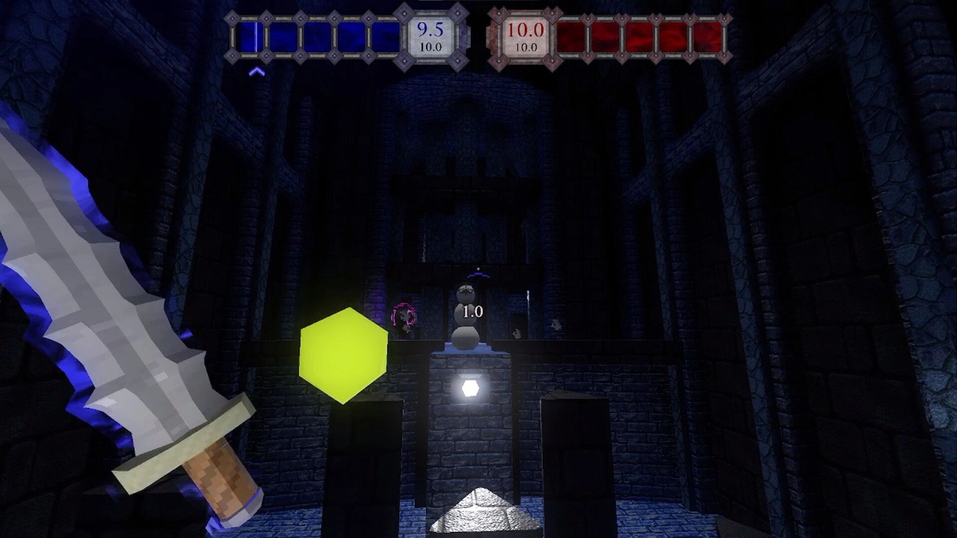 Deiity: Sword-wielding player in dark dungeon with health and mana bars visible at the top.