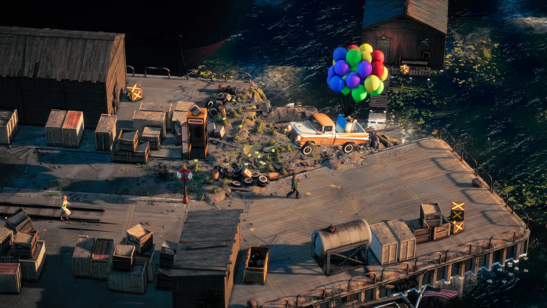 Deliver At All Costs: Winston Green walks on dock with balloon-tied truck and scattered crates nearby