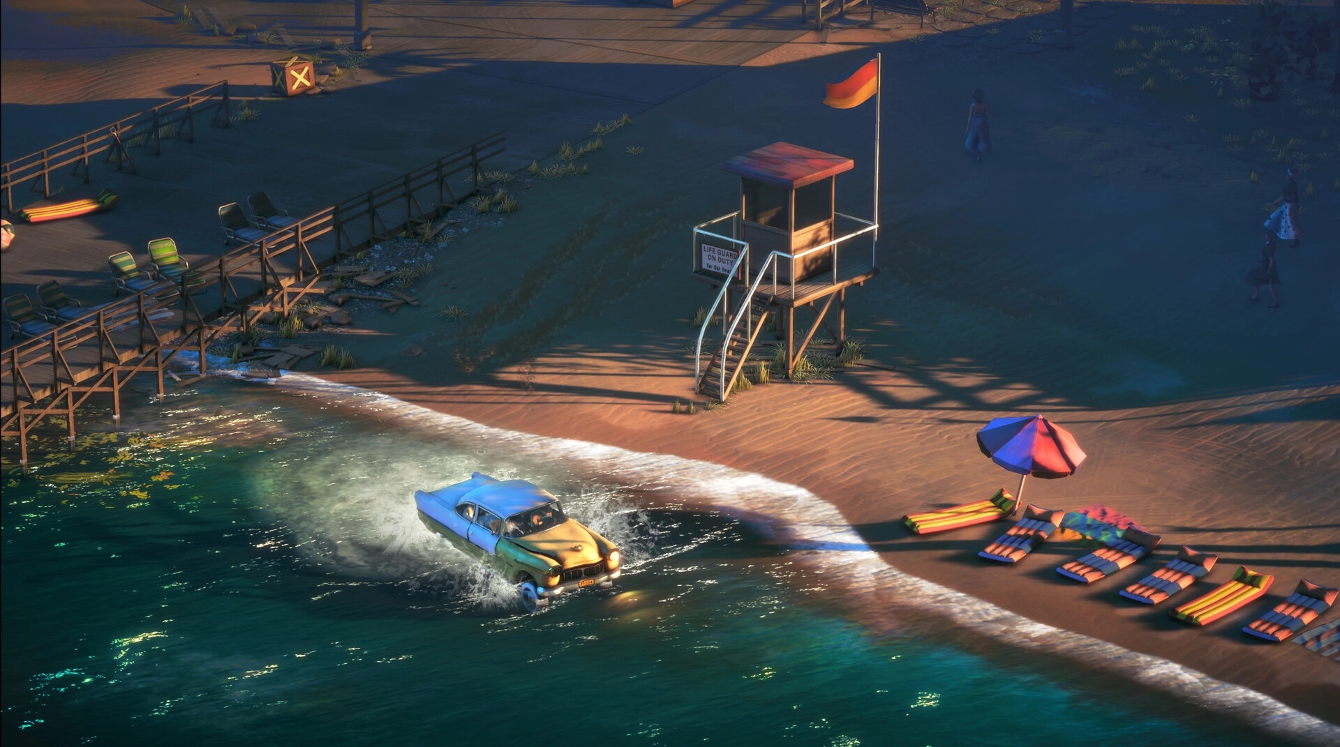 Deliver At All Costs: Winston Green driving car through seaside beach near lifeguard tower and sun loungers