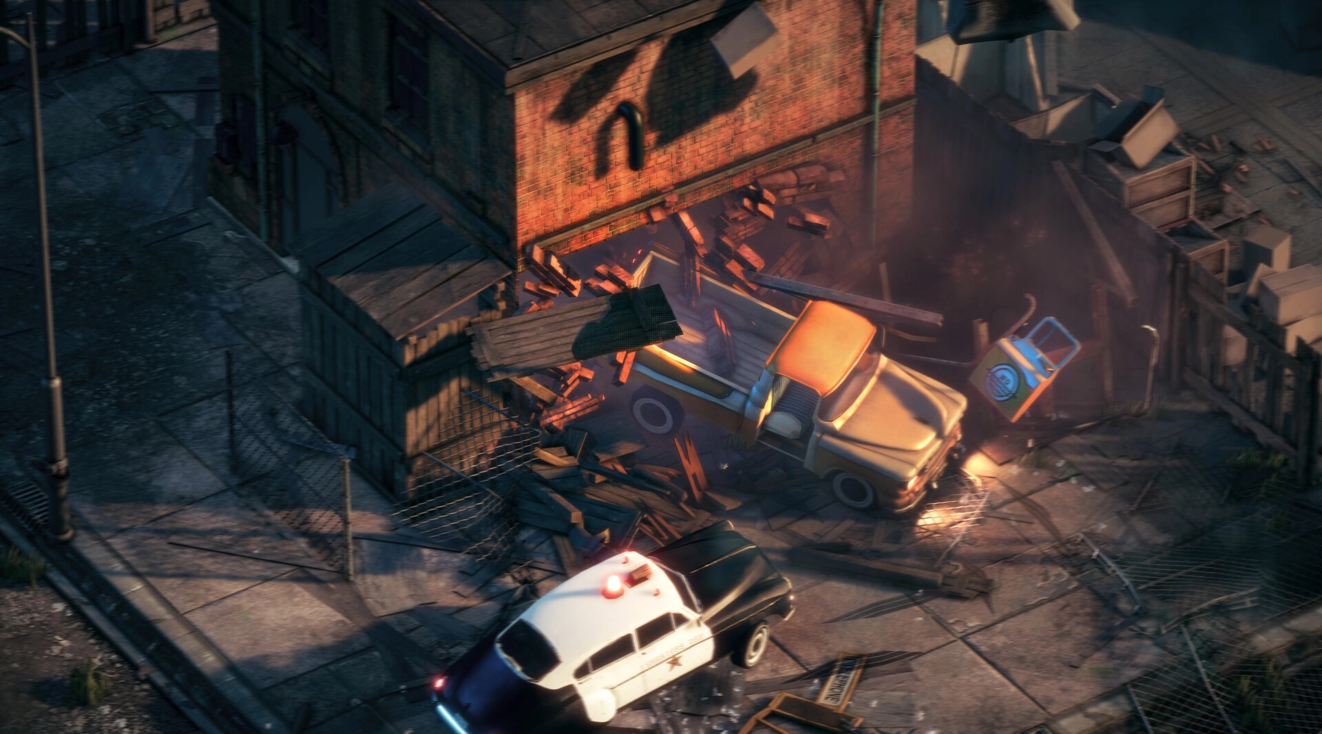 Deliver At All Costs: Crashed delivery truck and police car at destroyed brick building corner scene