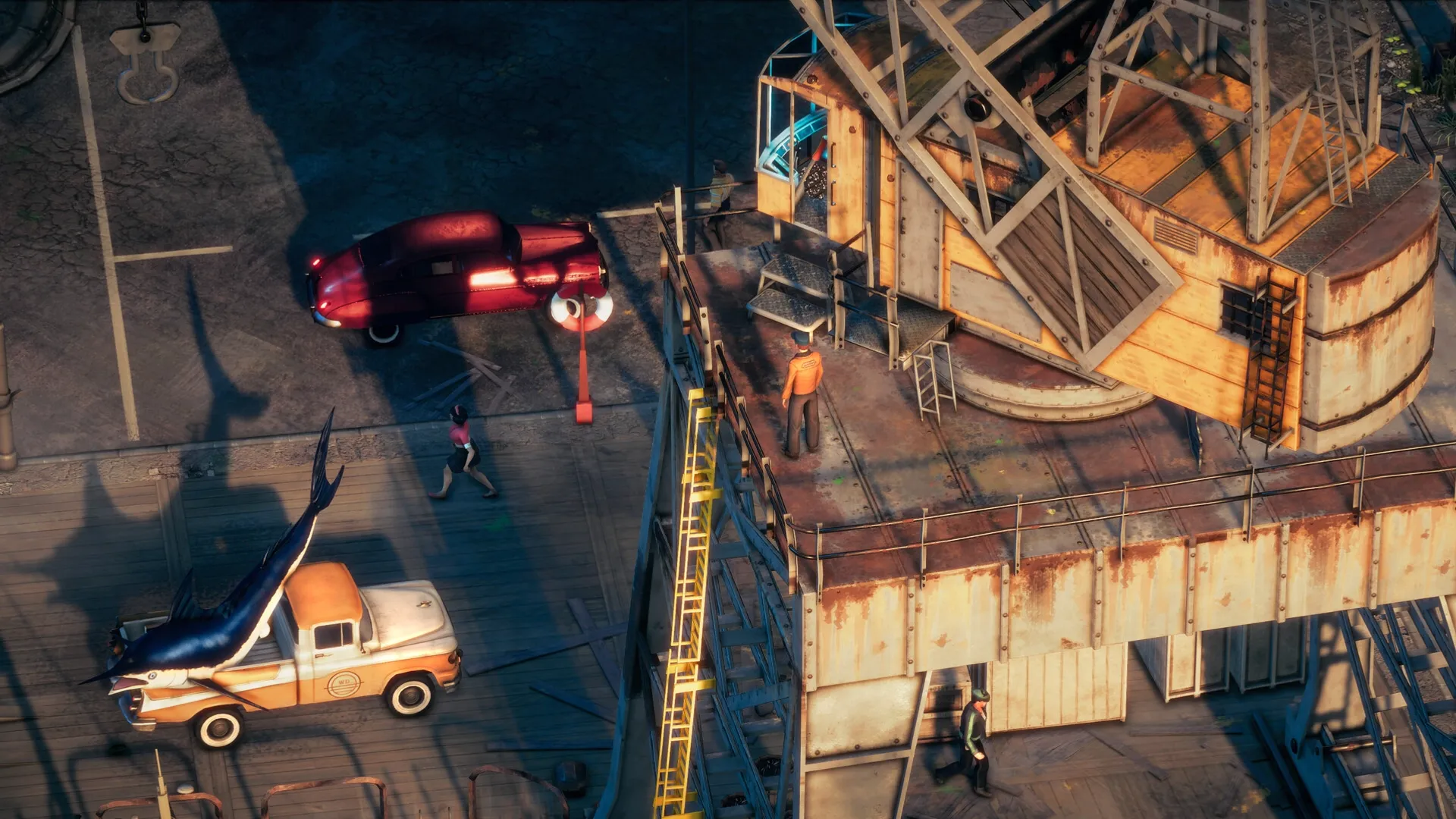 Deliver At All Costs: Winston Green stands on rusted platform near crane, with truck and large fish below.