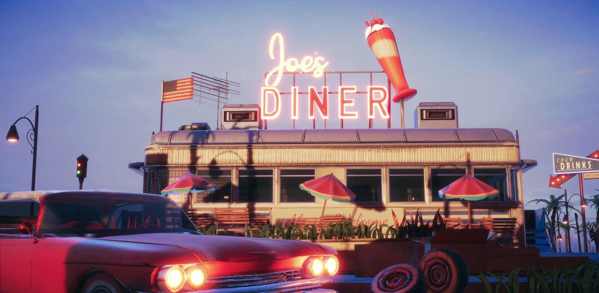 Deliver At All Costs: Red car parked outside Joe's Diner with neon signs and umbrellas at sunset.