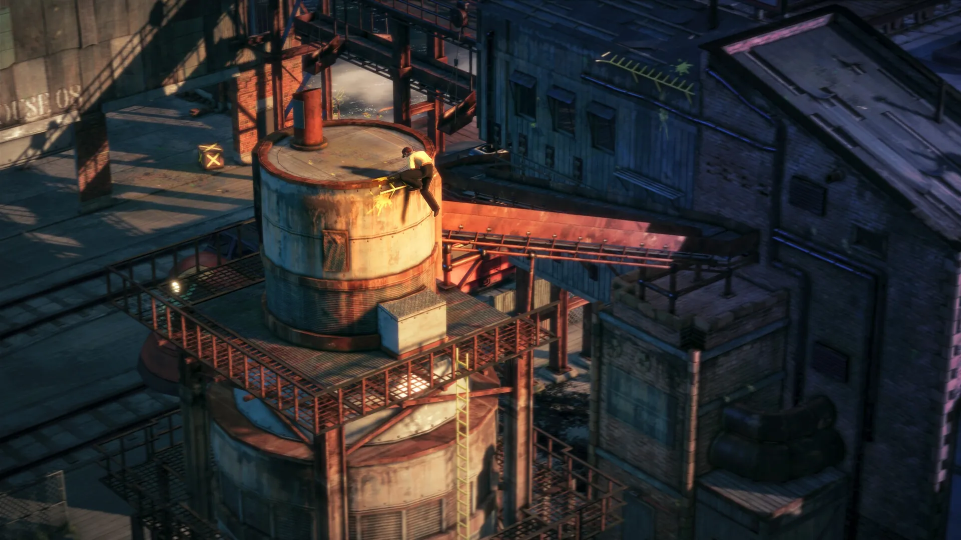 Deliver At All Costs: Winston Green climbing a rusty silo in an industrial area at dusk