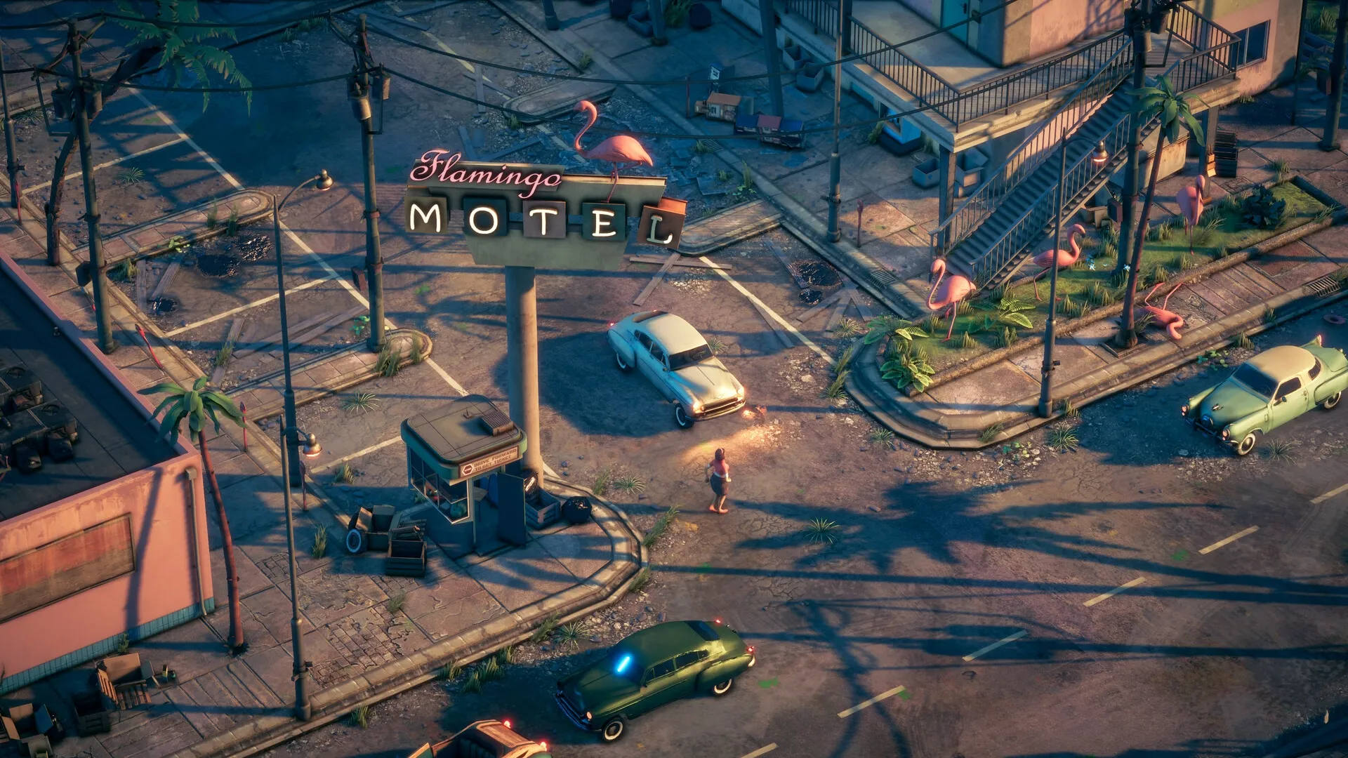 Deliver At All Costs: Winston Green walks near Flamingo Motel surrounded by cars and palm trees in city setting.