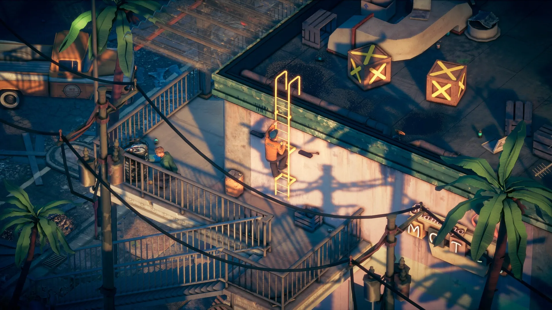 Deliver At All Costs: Winston Green climbing rooftop ladder in urban setting with crates and palm trees