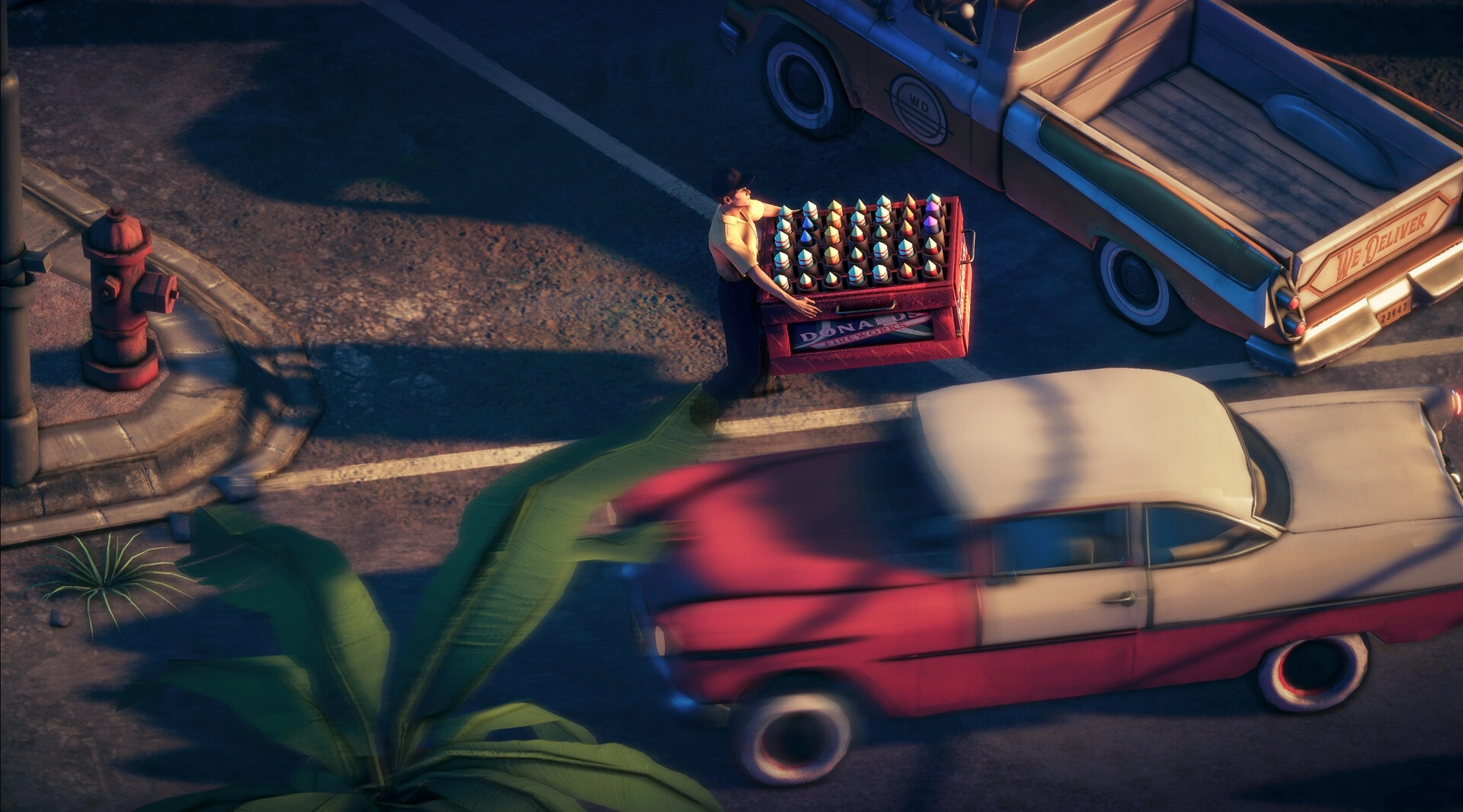 Deliver At All Costs: Winston Green pushes a crate of colorful bottles on a busy street with cars passing