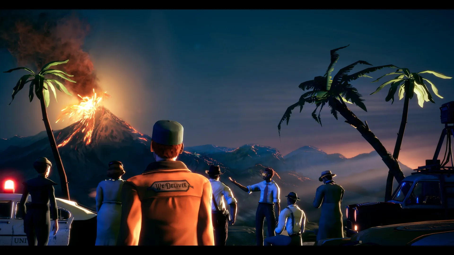Deliver At All Costs: Winston Green and officers face erupting volcano under evening sky with palm trees