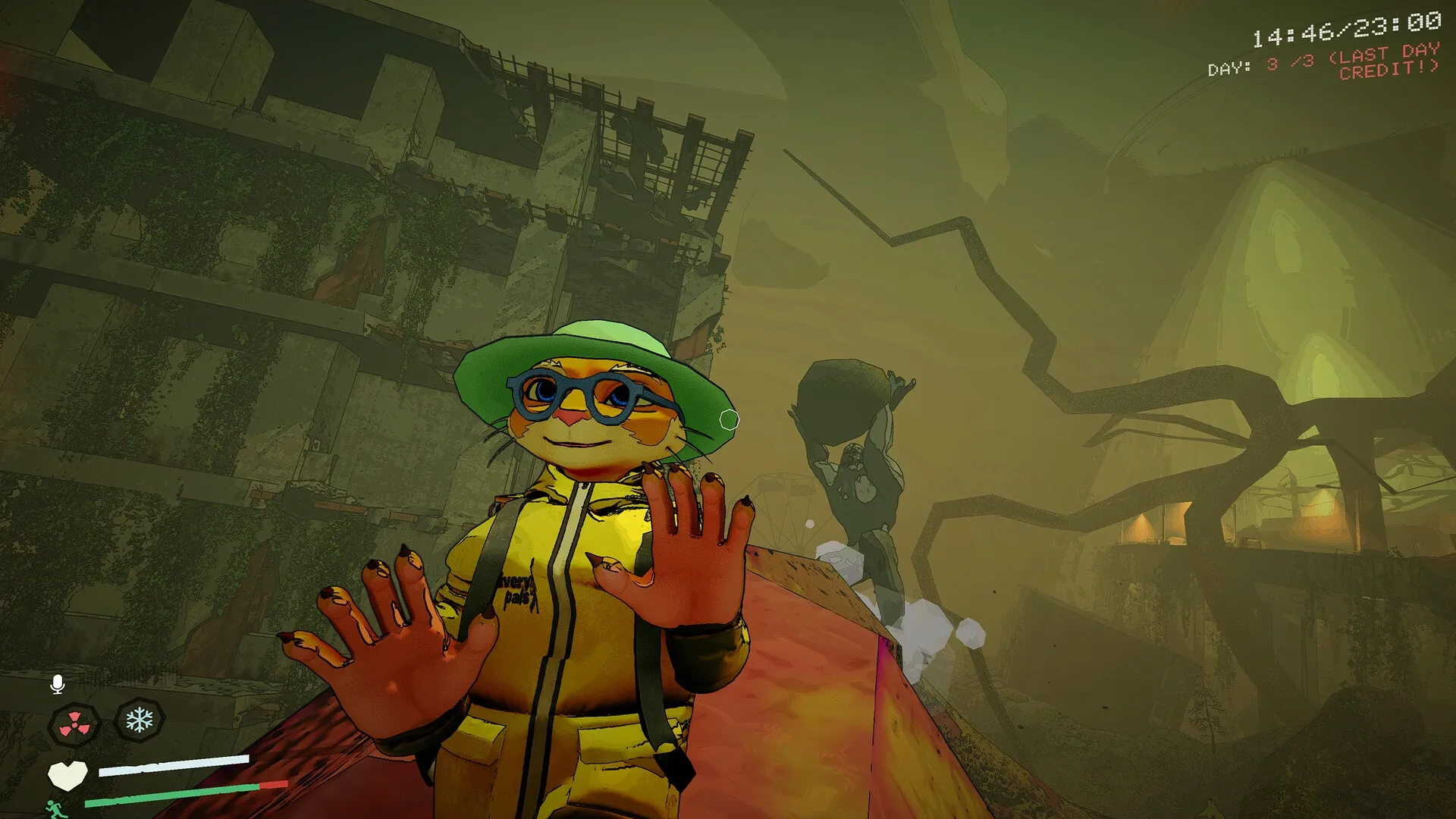 delivery pals: Character in yellow gear waves in post-apocalyptic city with overgrown buildings