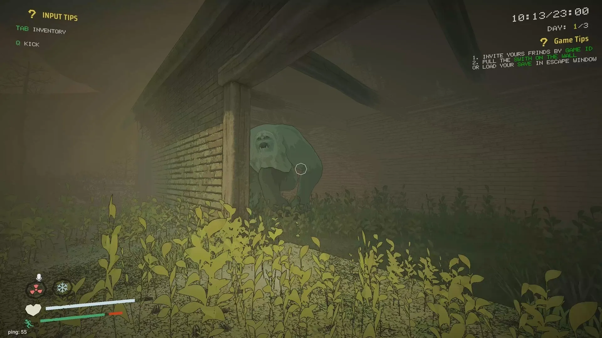 delivery pals: Alien creature lurks near brick wall in overgrown yard; input tips and stats displayed