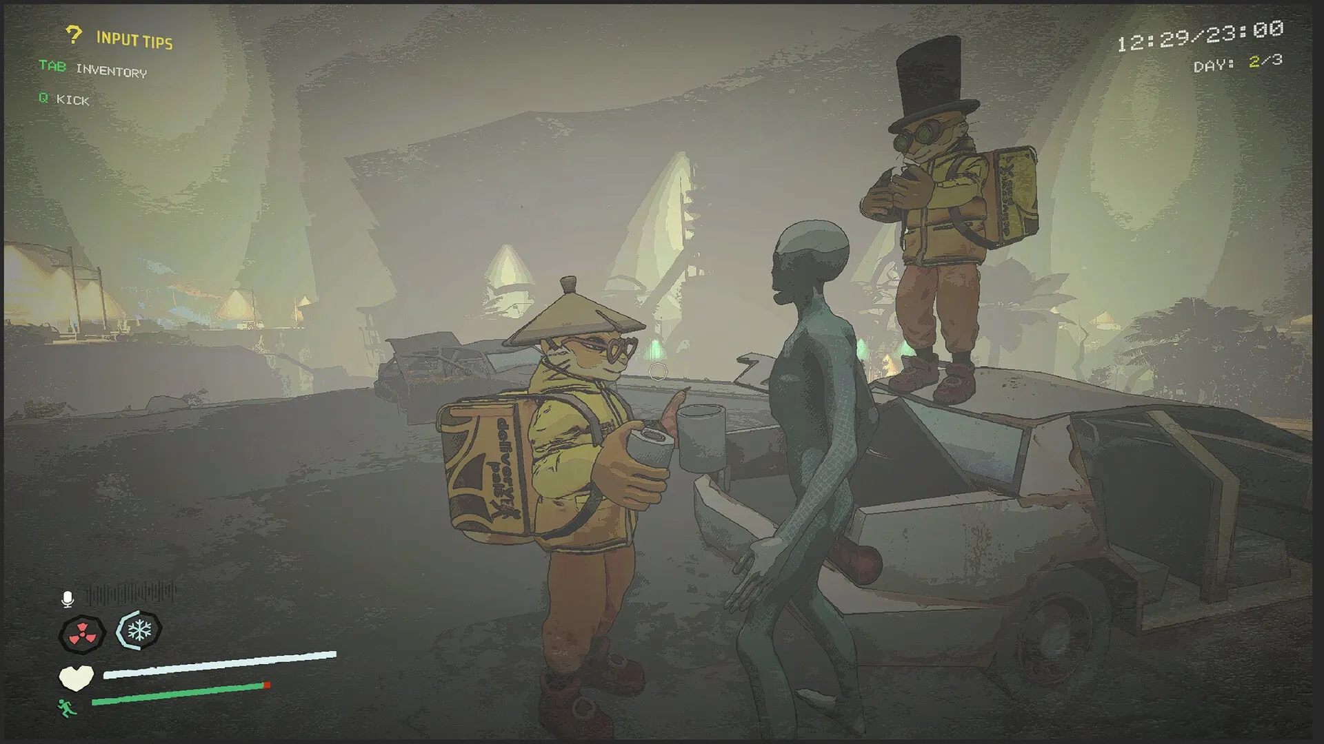 delivery pals: Two players delivering food to alien beside wrecked car in foggy, alien-occupied landscape