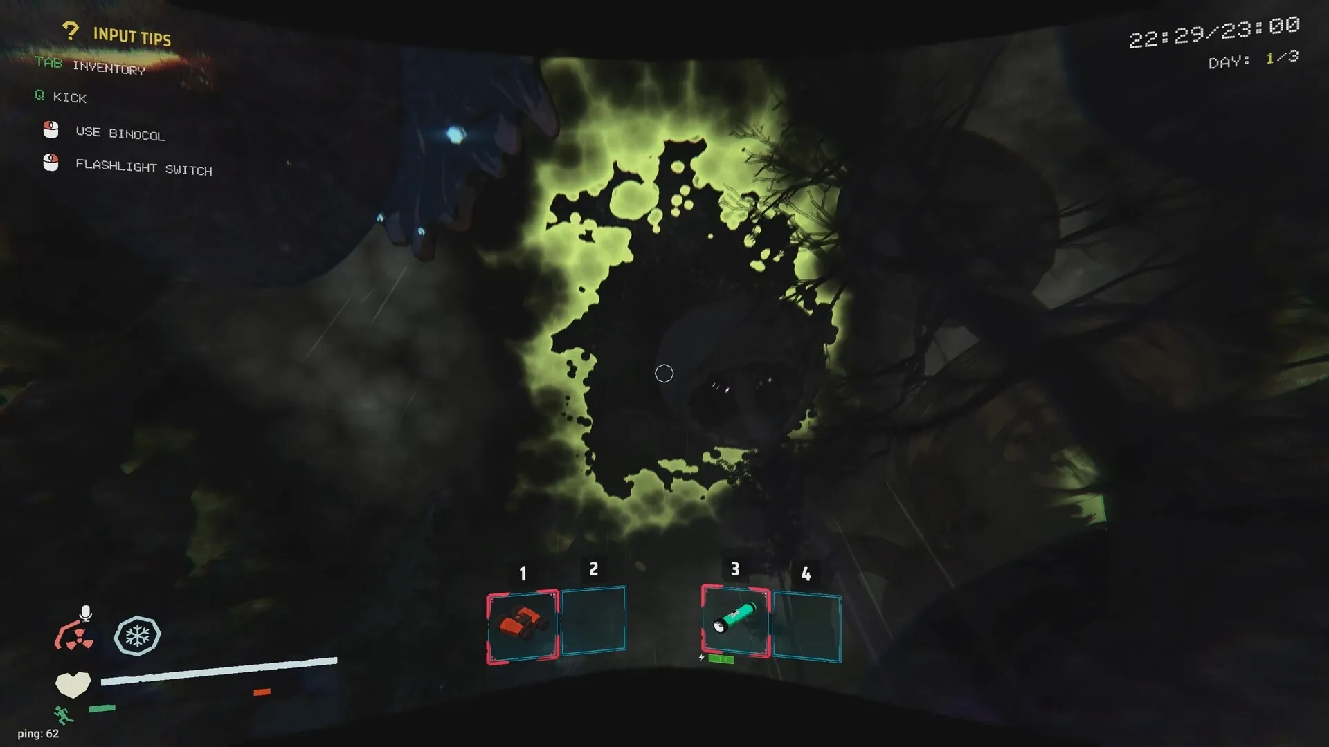 delivery pals: UI with input tips and inventory items on screen, green glow in dark alien forest environment