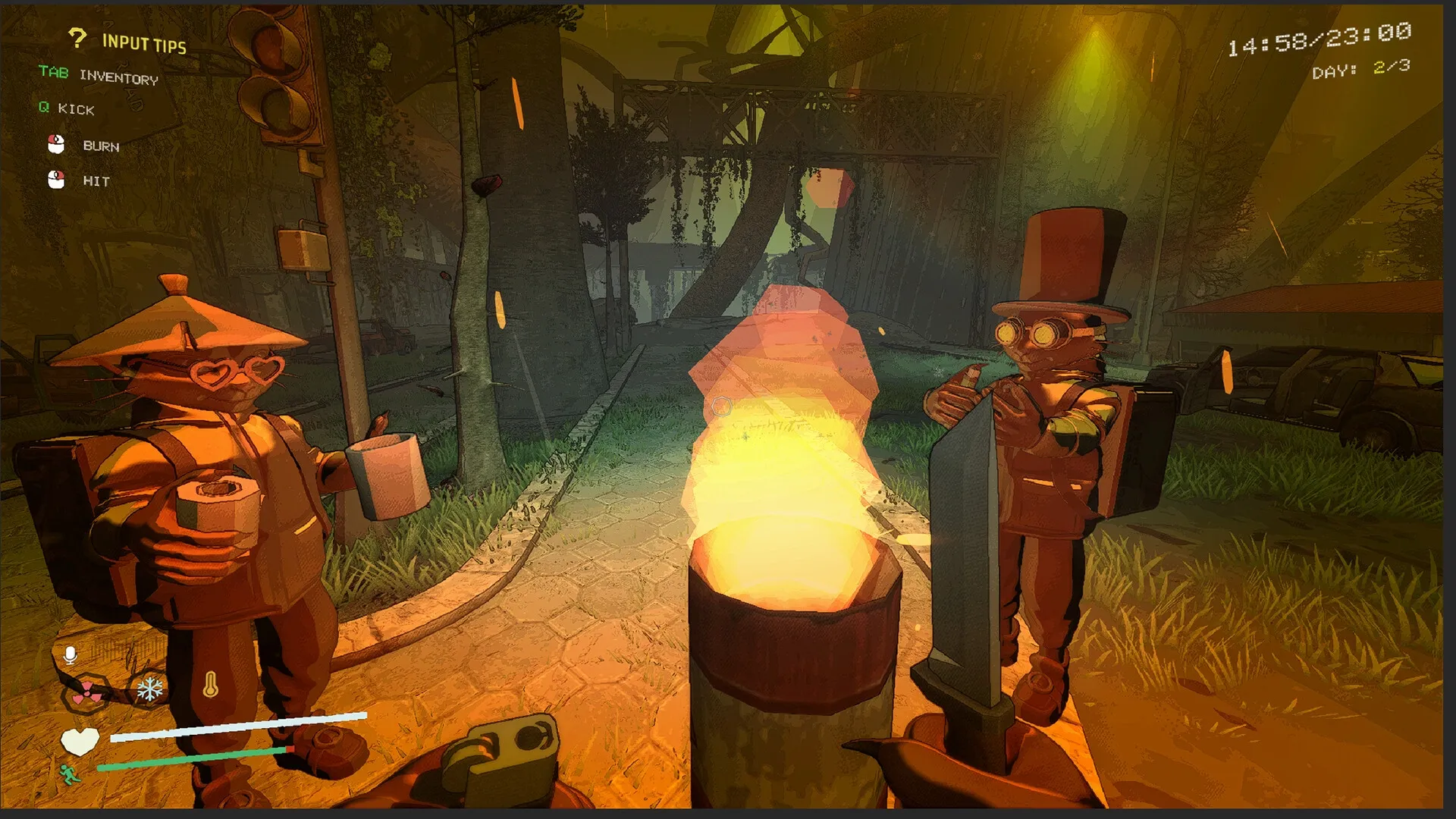 delivery pals: Two characters in hats stand by a fire barrel on a deserted street with input tips displayed.