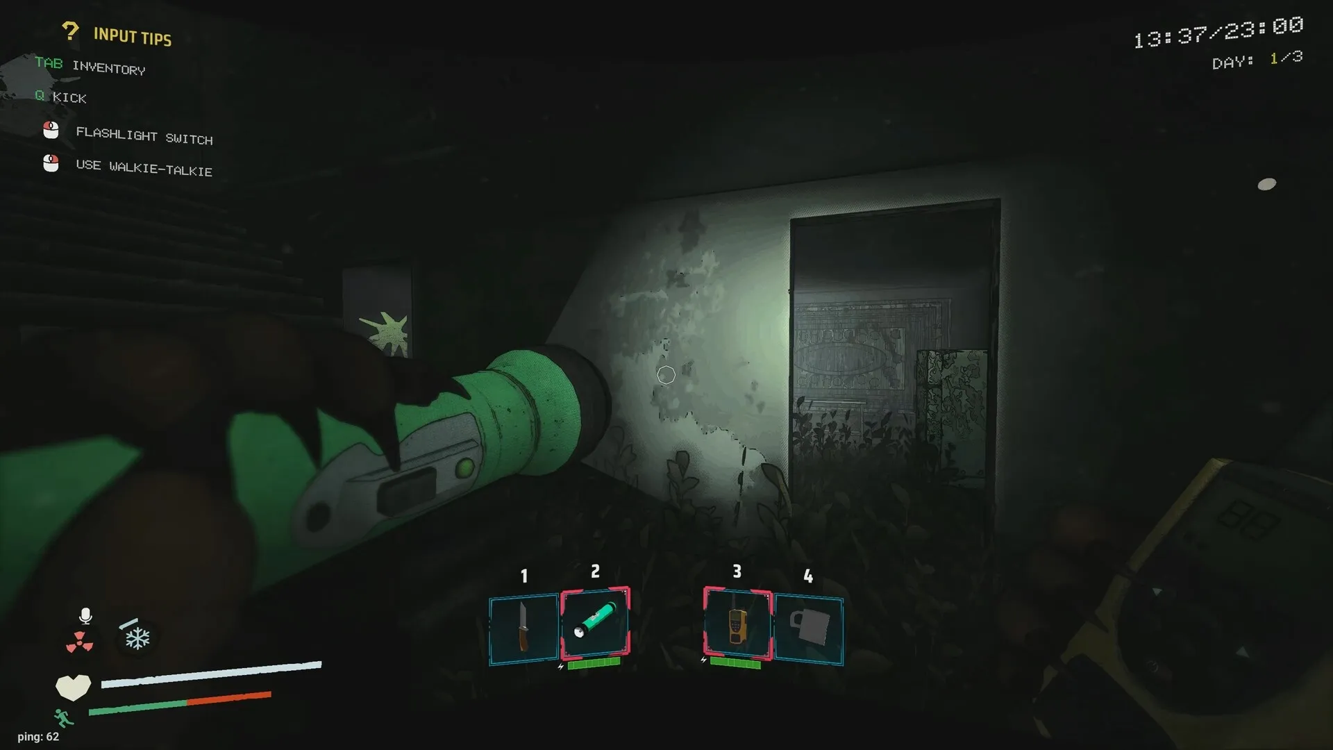 delivery pals: Exploring dark corridor with flashlight and walkie-talkie in abandoned building
