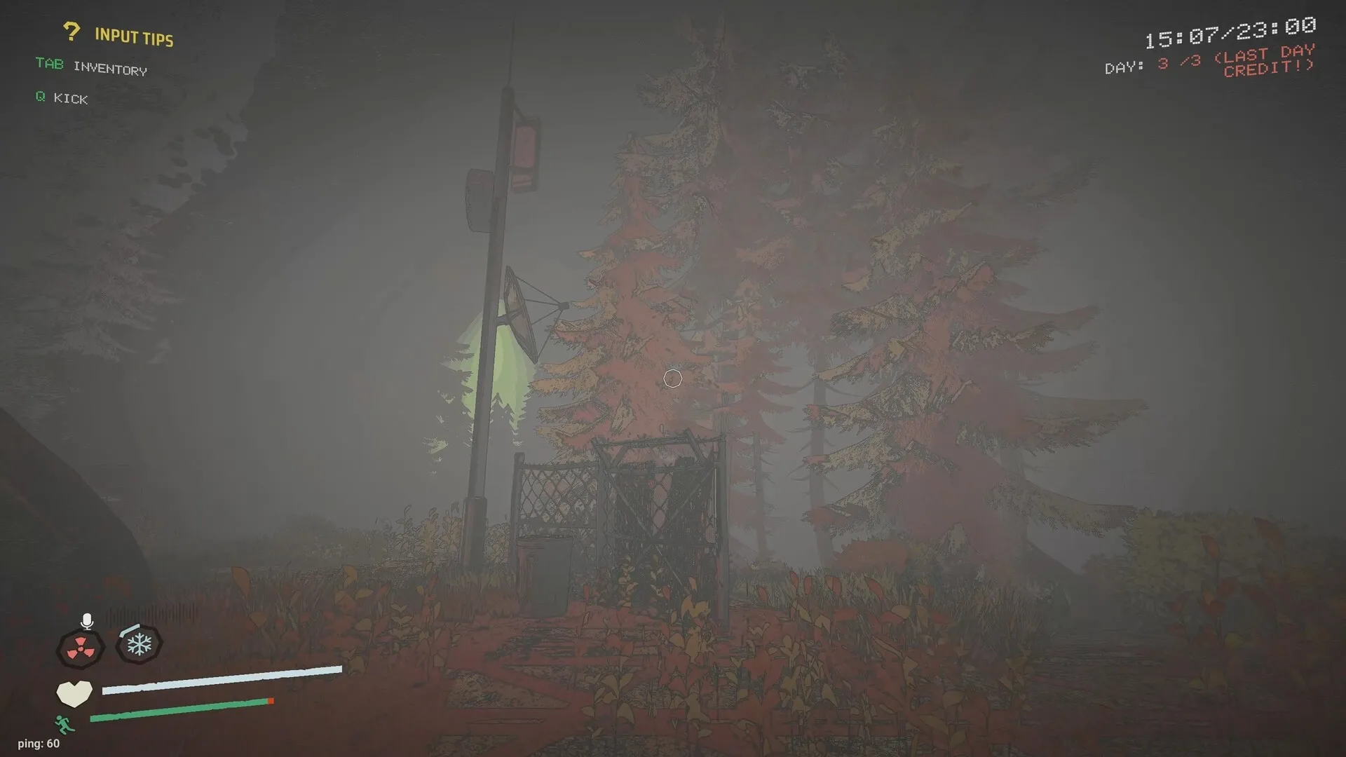 delivery pals: Overcast forest path with inventory UI and time display, surrounded by tall red trees
