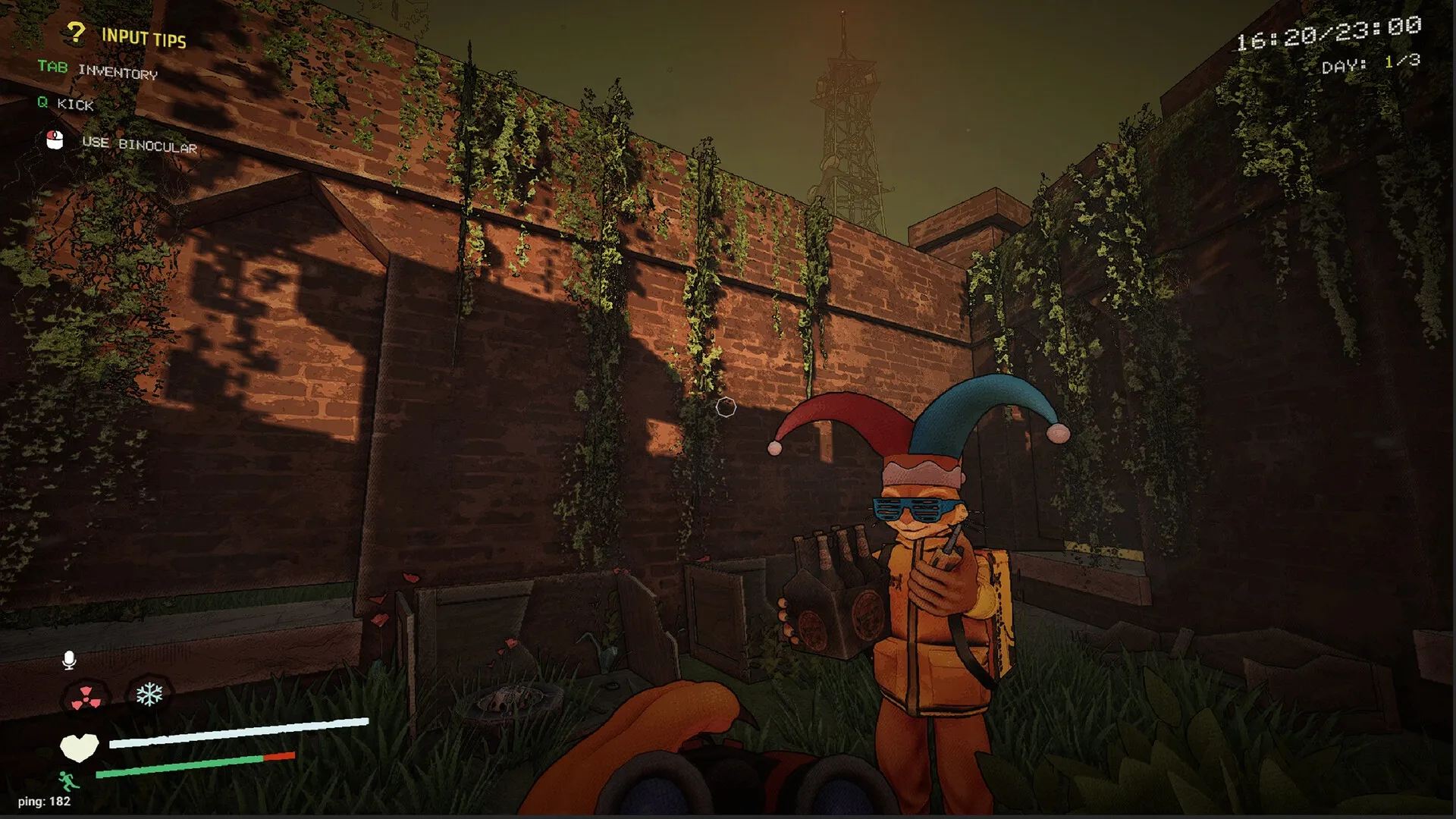 delivery pals: Character in jester hat holding drinks in a walled garden with vines and UI tips visible