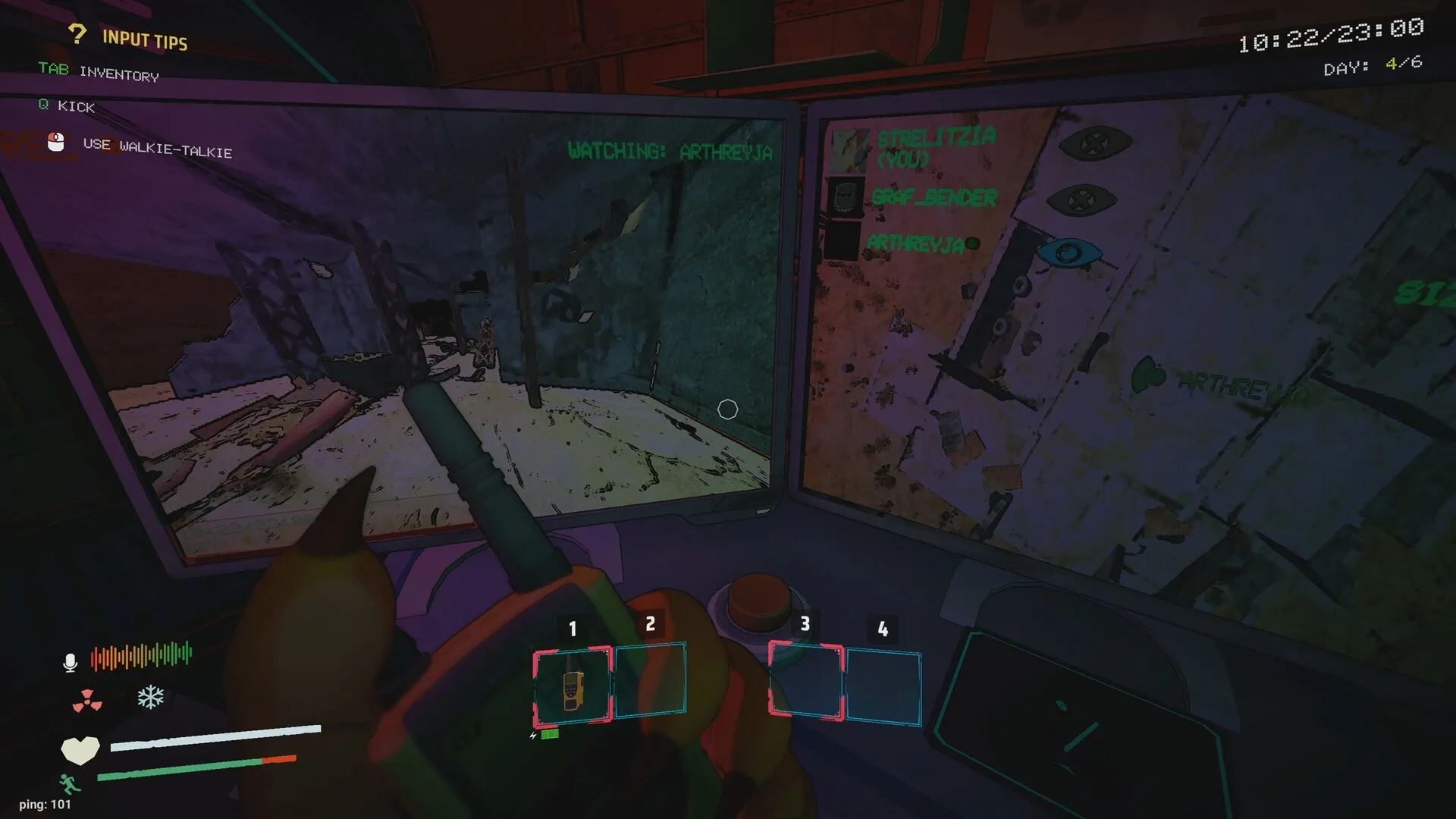 delivery pals: Monitor view showing player surveillance with controls, status bars, and input tips displayed