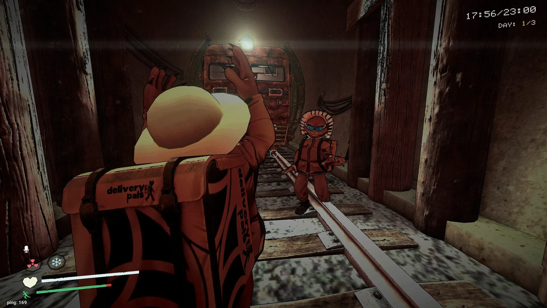 delivery pals: Player delivering food on train tracks, another character with alien mask in tunnel environment