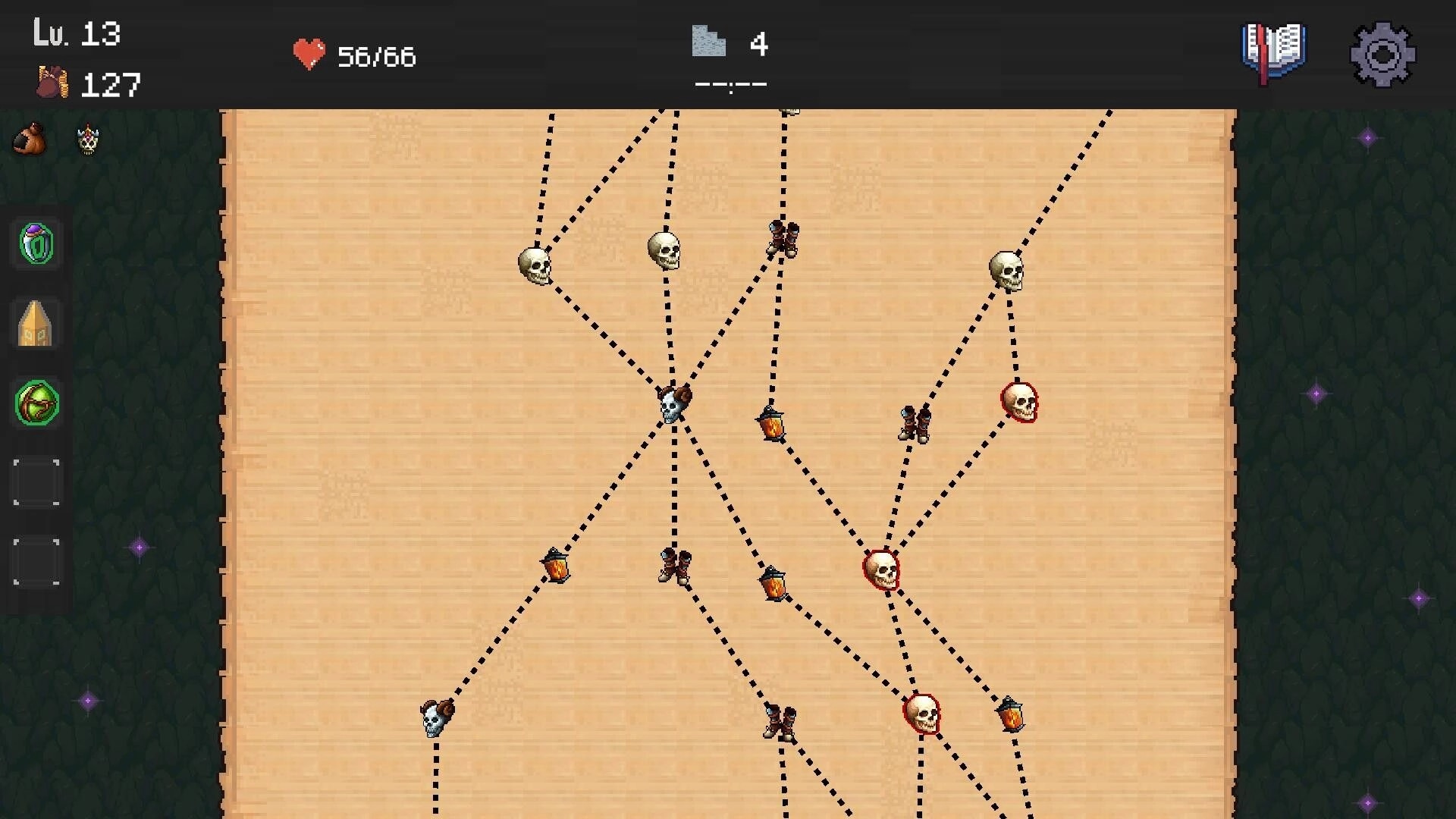 Delivery Survivors: Dungeon map screen with dotted routes and skull nodes, level and HP UI at top.