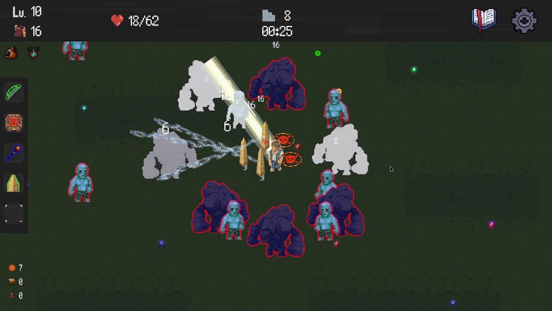 Delivery Survivors: Hero attacks zombie mobs with lightning and beam strikes in dark dungeon arena UI.