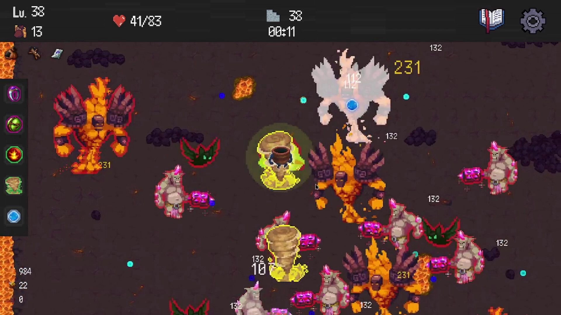 Delivery Survivors: Player battles horned demons and bats with damage numbers in a dark lava dungeon UI.