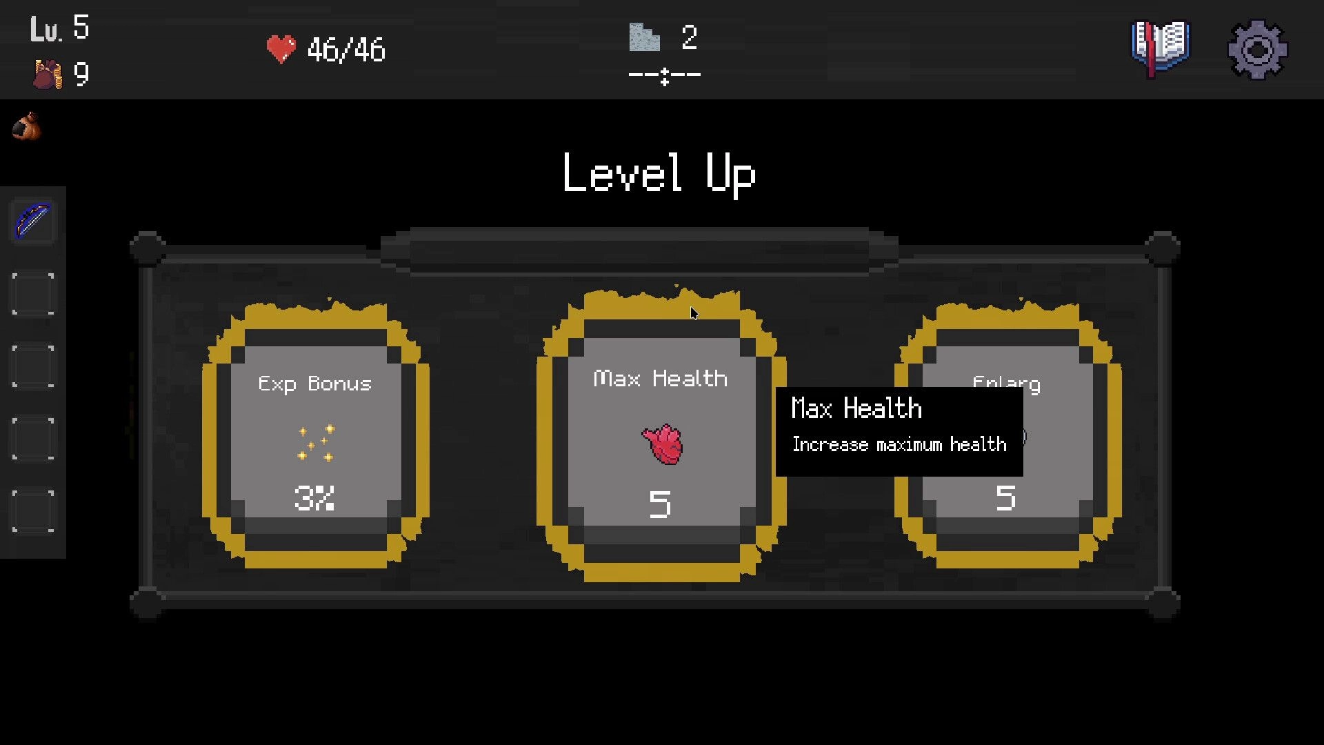Delivery Survivors: Level Up menu with Exp Bonus and Max Health upgrade cards over a dark dungeon UI.