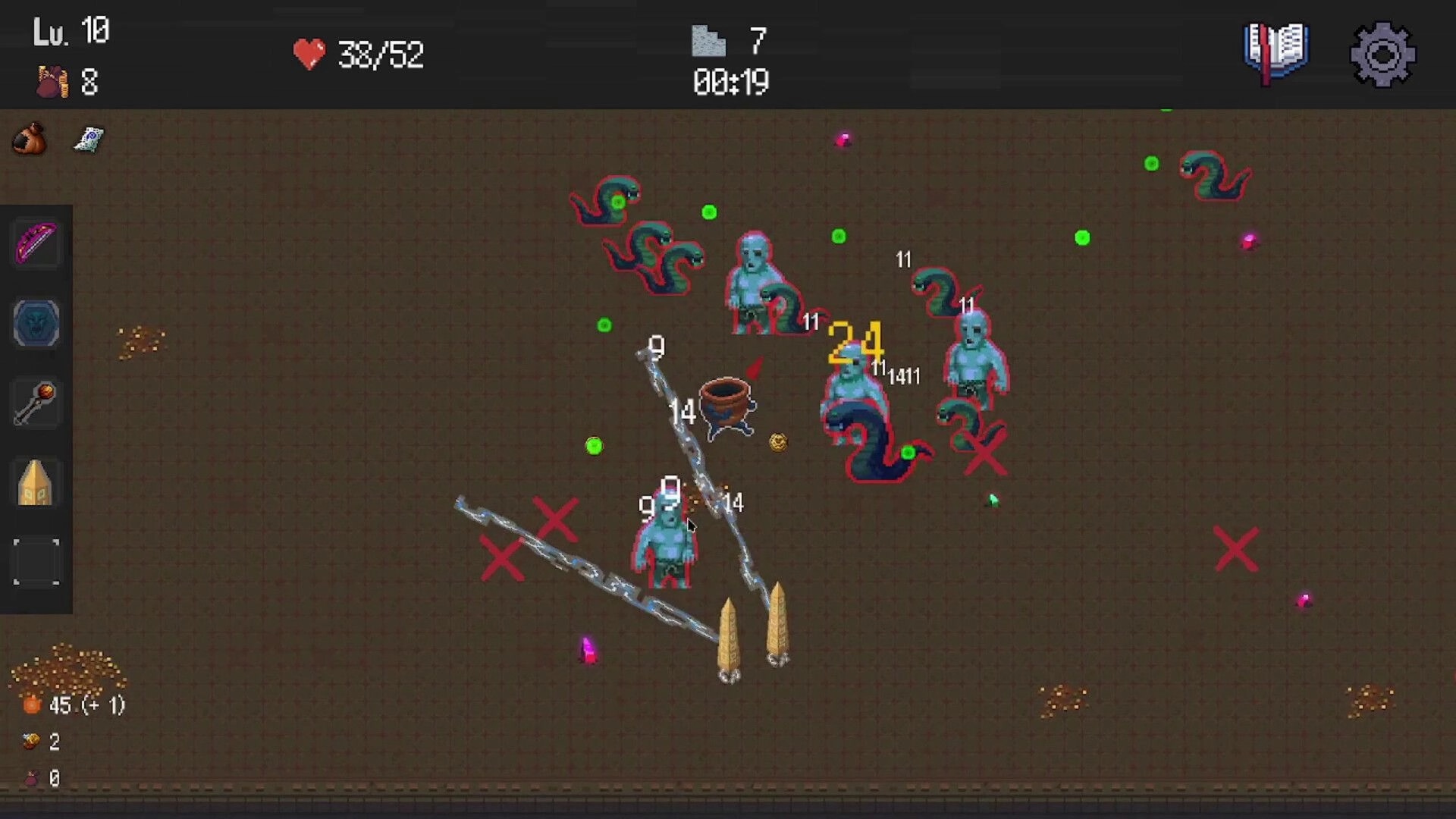 Delivery Survivors: Top-down combat with zombies and snakes, damage numbers and loot on grid dungeon floor.