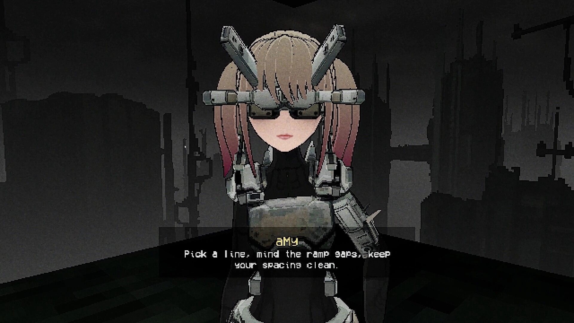 Delta: Close-up of Amy with cyber visor as dialogue text gives ramp gap spacing advice in dark room.
