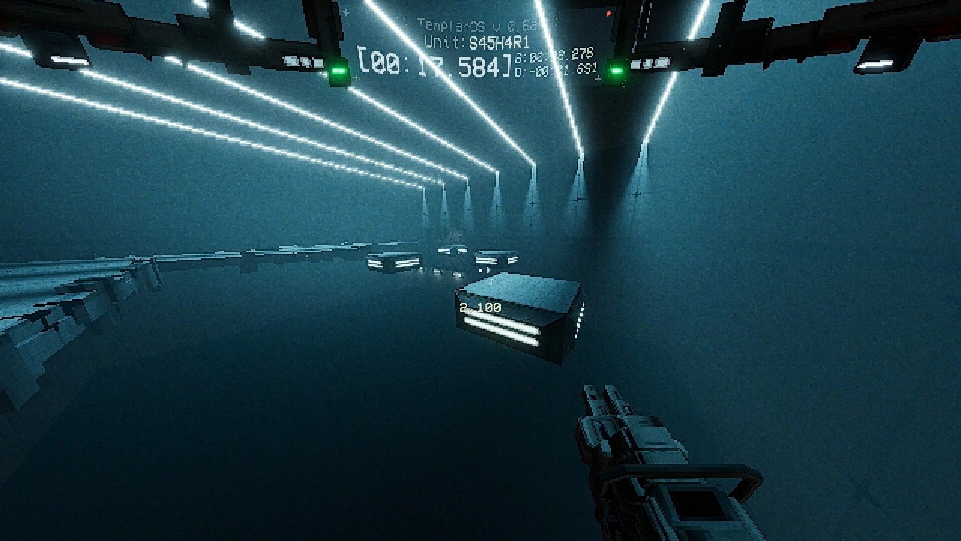 Delta: First-person jump across glowing platforms with timer HUD inside a neon-lit tunnel course.