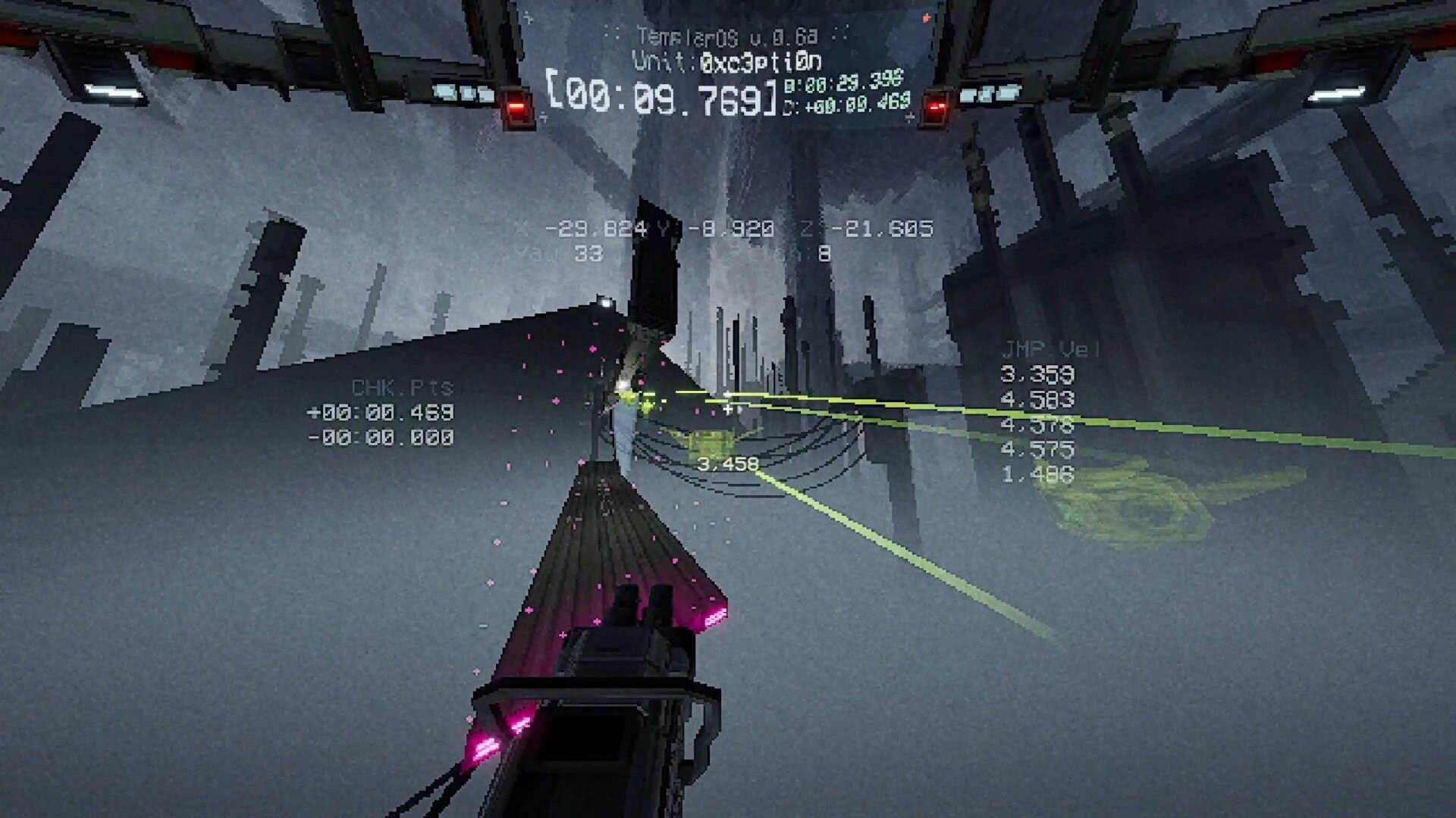Delta: First-person jump across gray industrial platforms with debug timer, coords, and velocity HUD overlay.