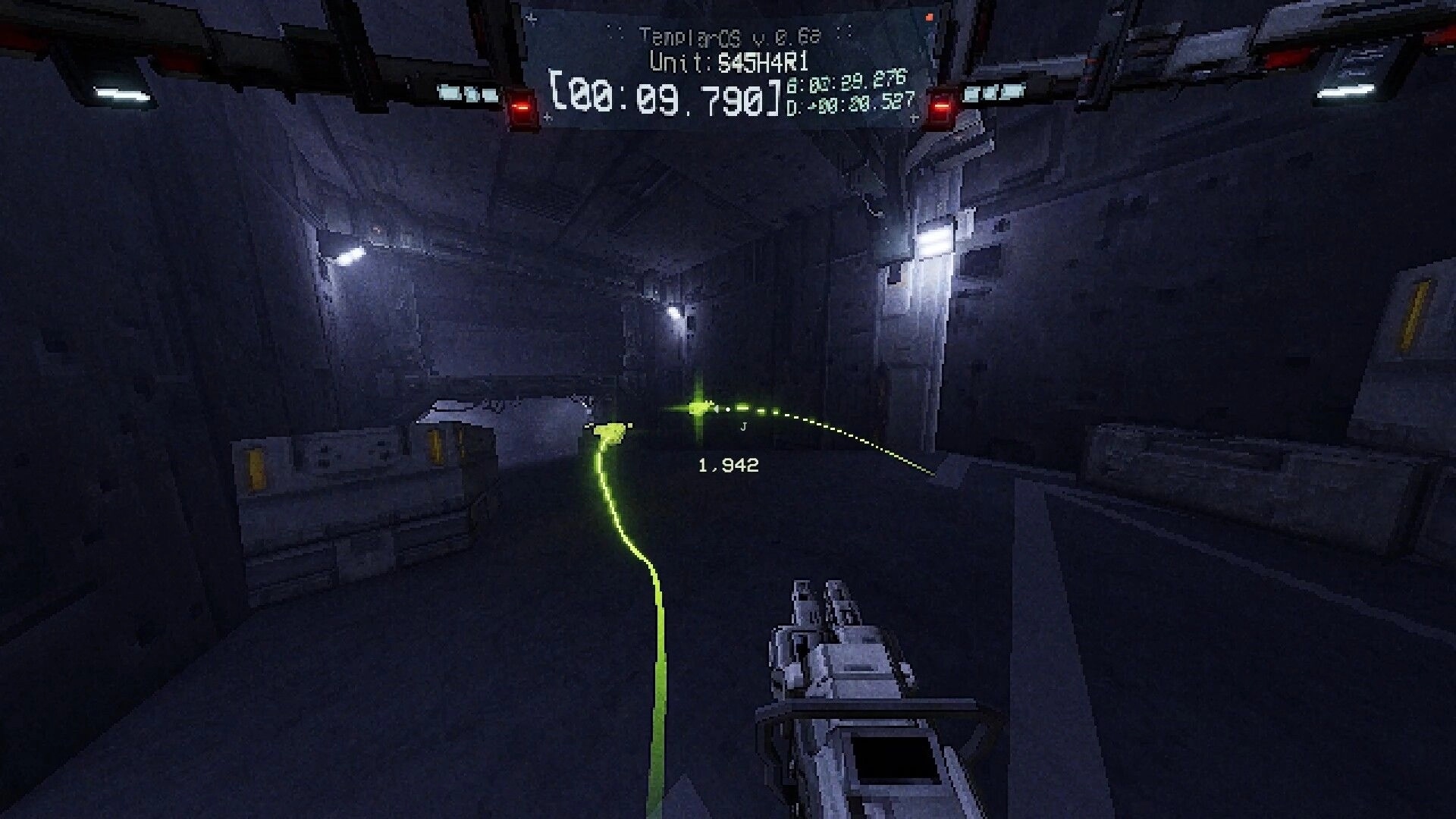 Delta: First-person jump with green trajectory line and timer HUD in a dim concrete tunnel room.