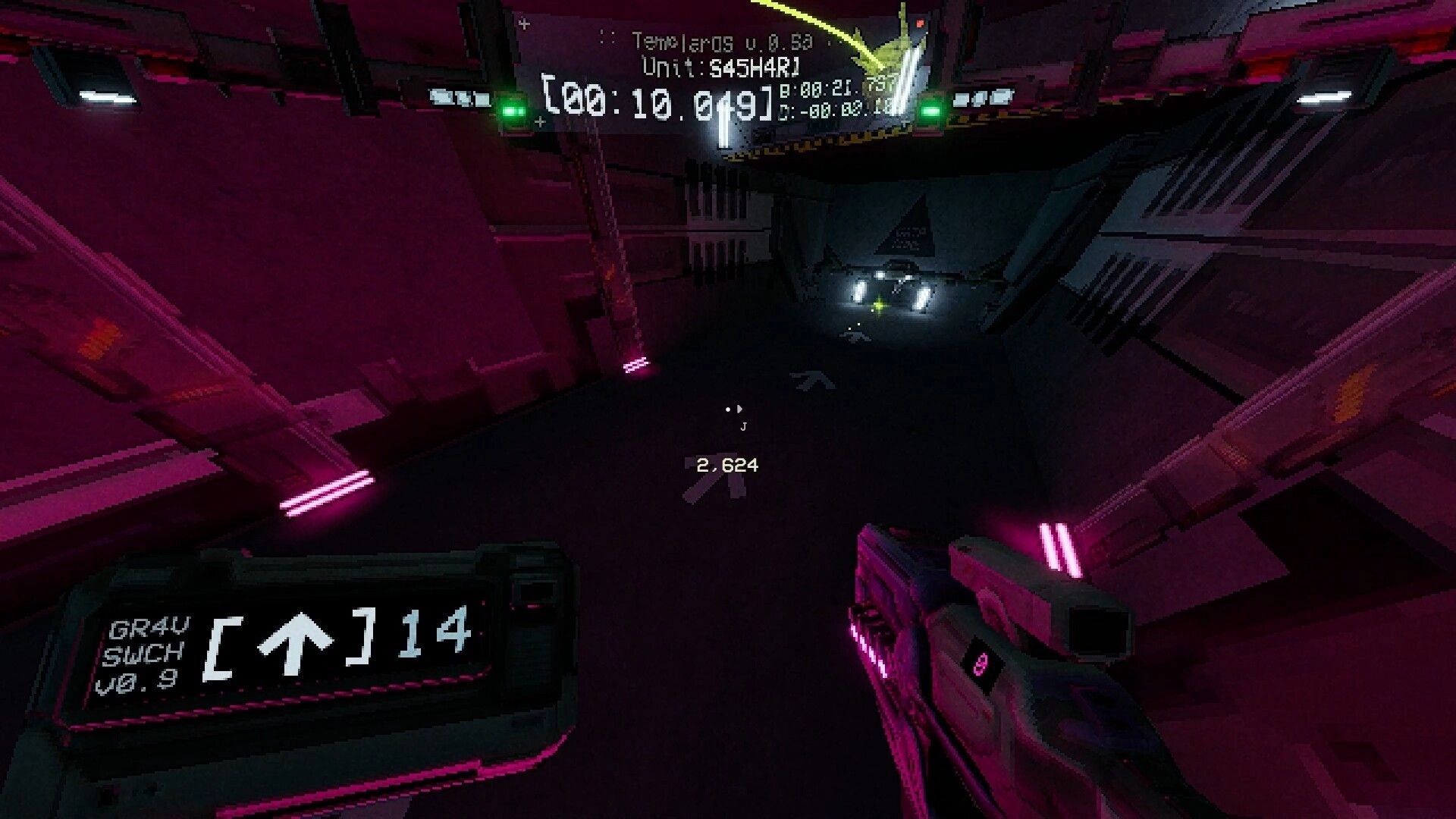 Delta: First-person gun view with speedrun timer HUD, leaping through neon-lit sci-fi shaft.