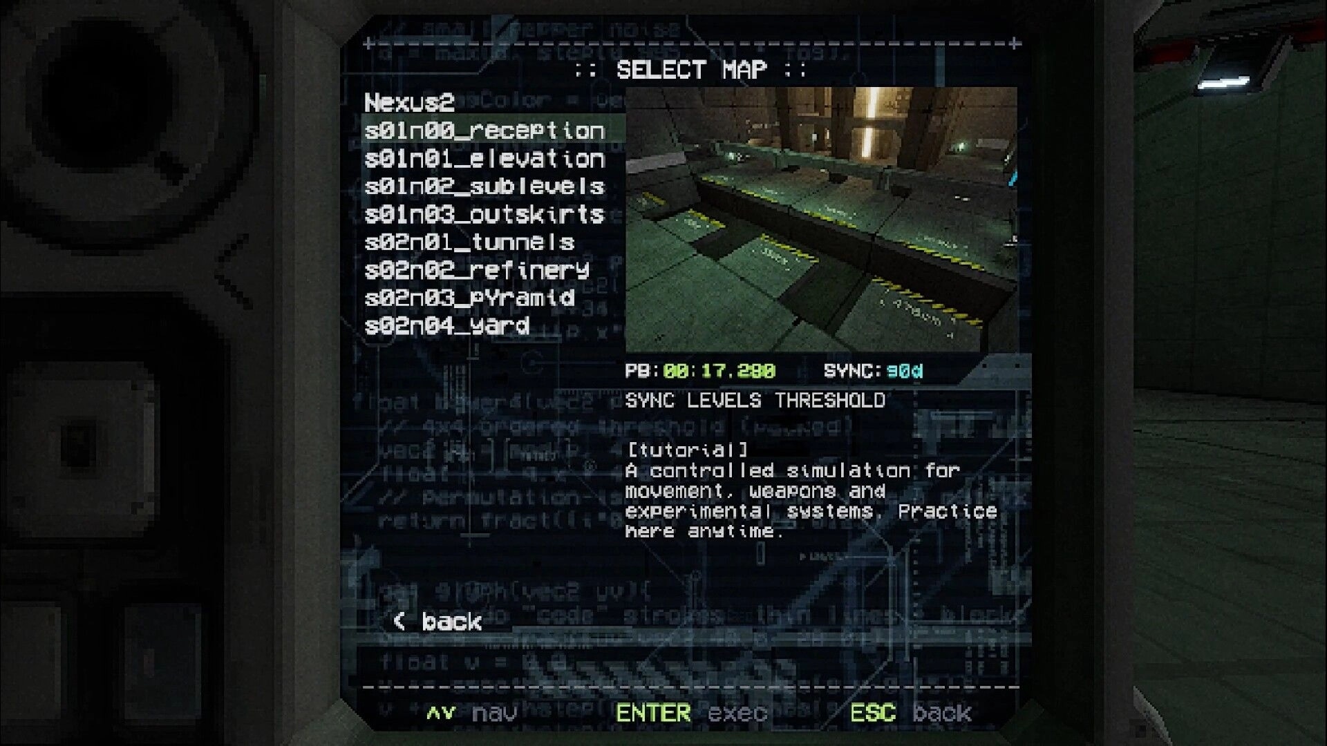 Delta: Select Map menu listing Nexus2 levels with a facility preview and tutorial description panel.