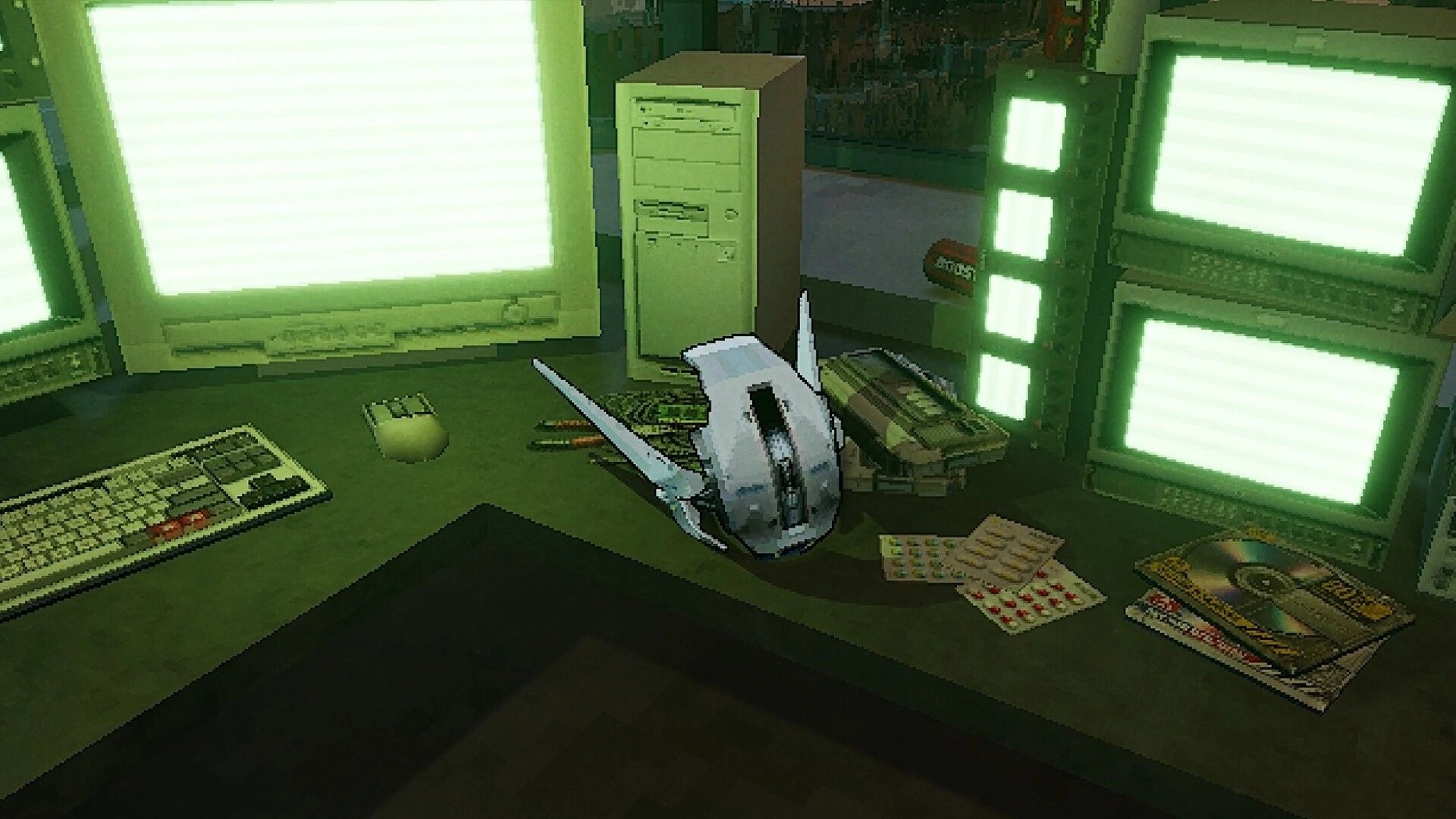 Delta: First-person view of a desk with glowing CRT monitors, keyboard, and scattered cards in lab.
