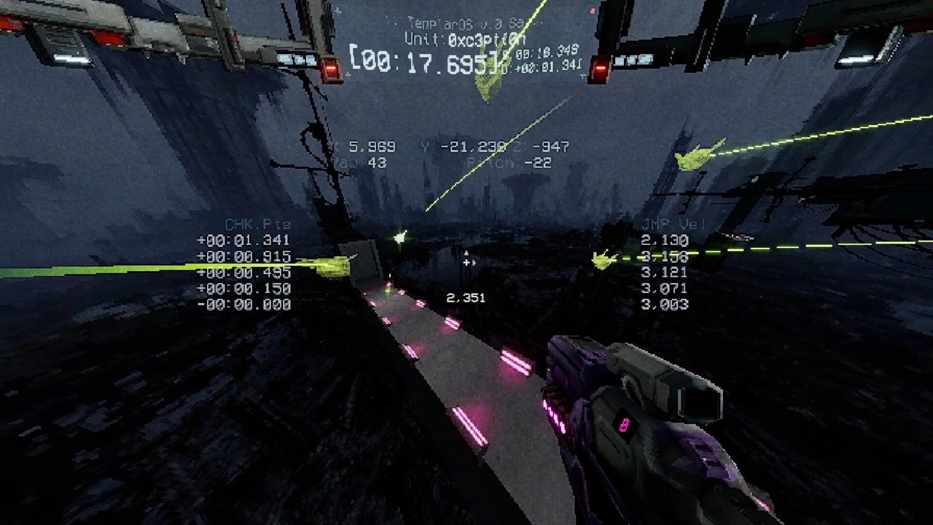 Delta: First-person jump over neon-lit platform with timer and velocity debug HUD in dark ruins.