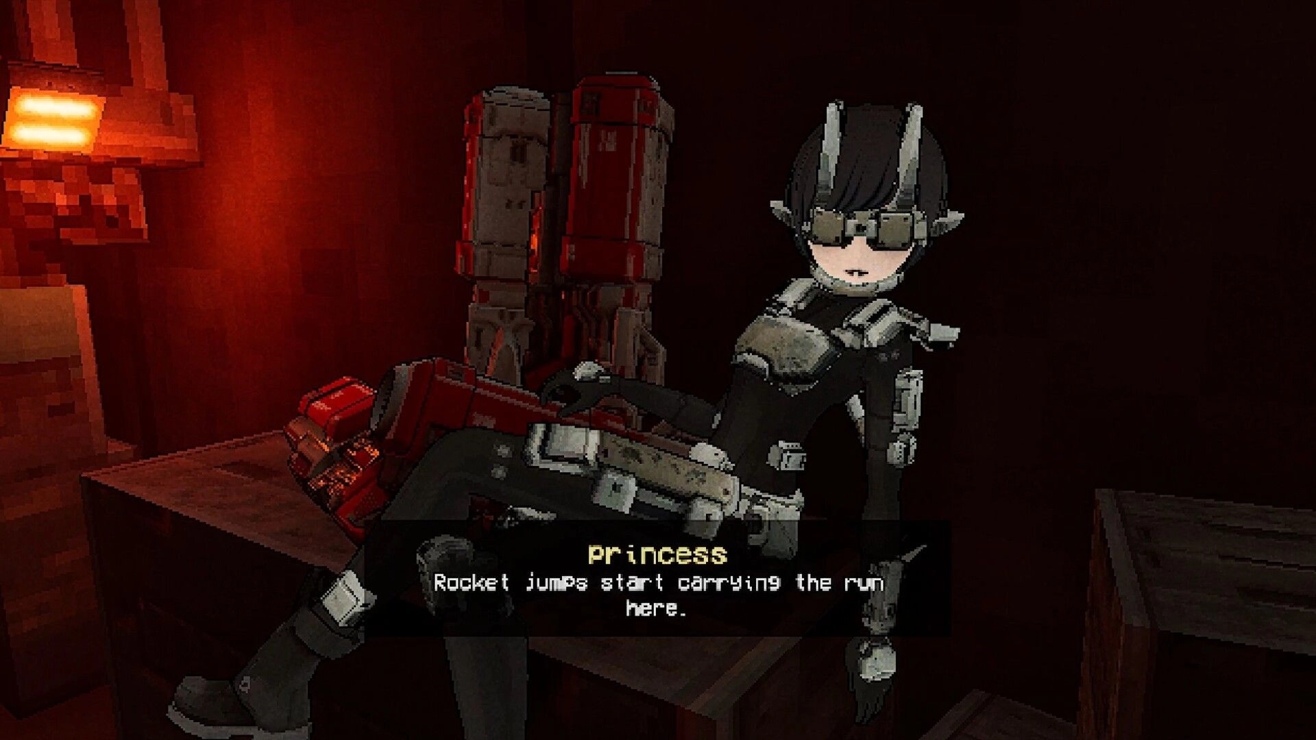 Delta: Princess NPC reclines on a bench, dialogue reads “Rocket jumps start carrying the run here.”.