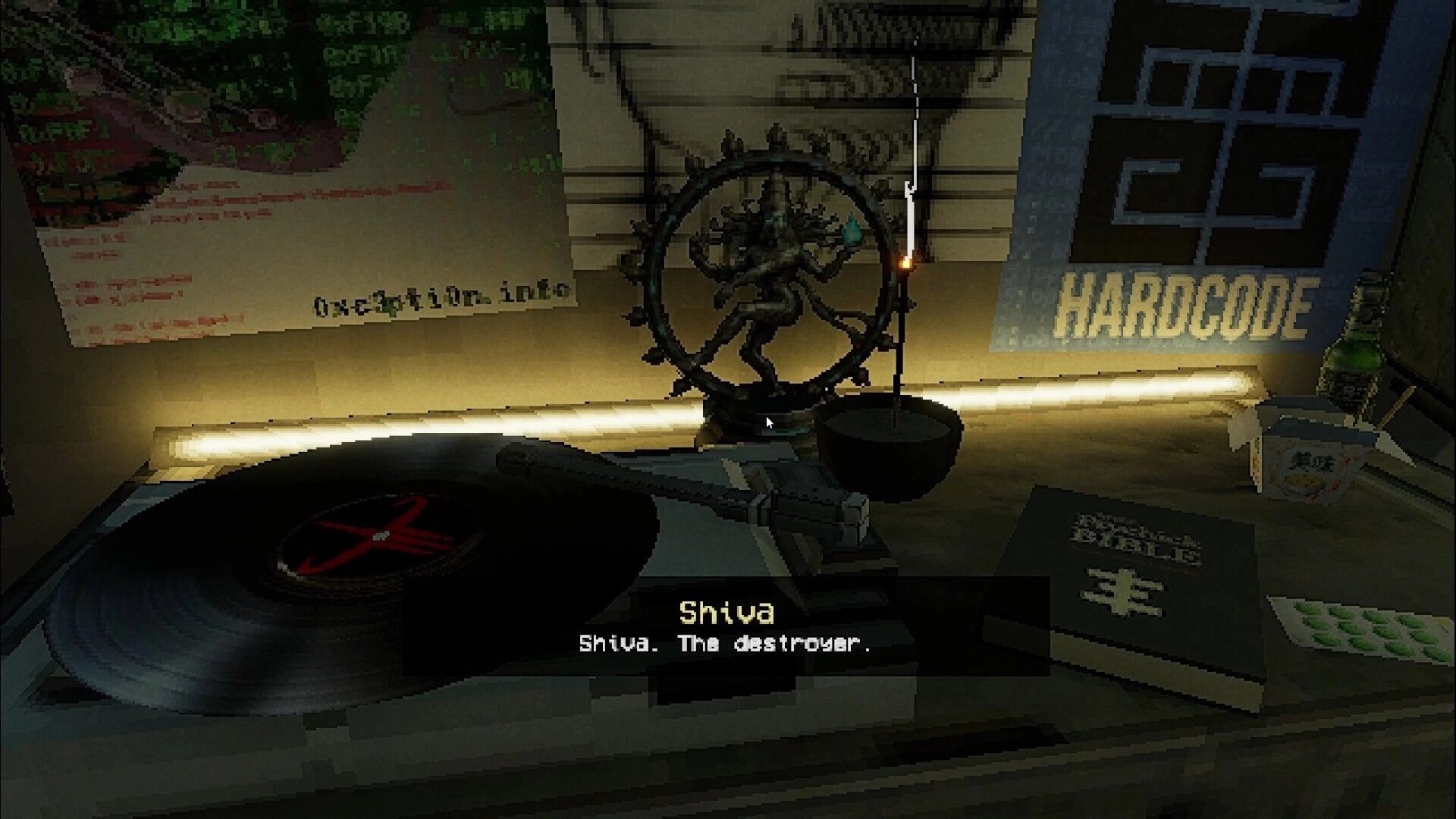 Delta: Shiva info popup over a desk with vinyl player, incense bowl, and HARDCORE poster backdrop.