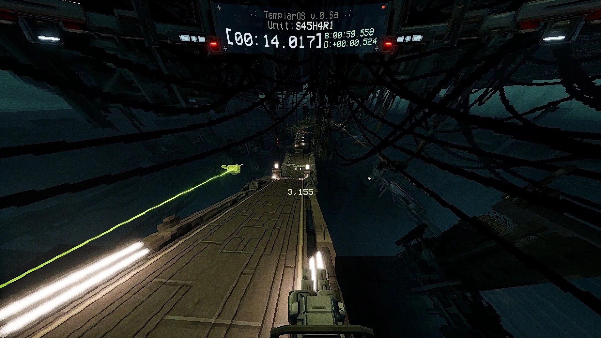 Delta: First-person sprint down a sci-fi tunnel platform with timer UI and green grapple line visible.