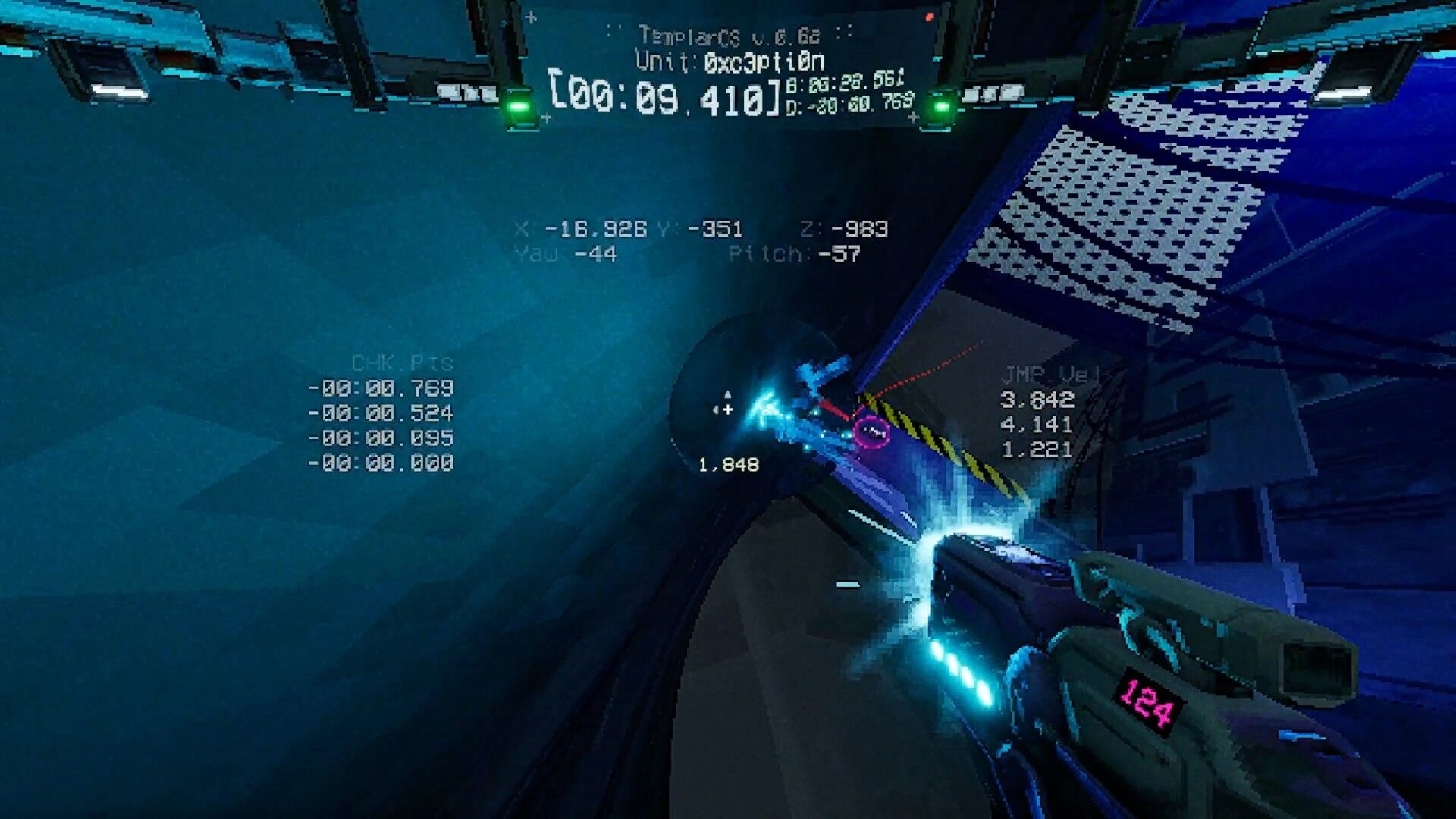 Delta: First-person wallride with glowing gun and speedrun timer HUD in a neon sci-fi tunnel.