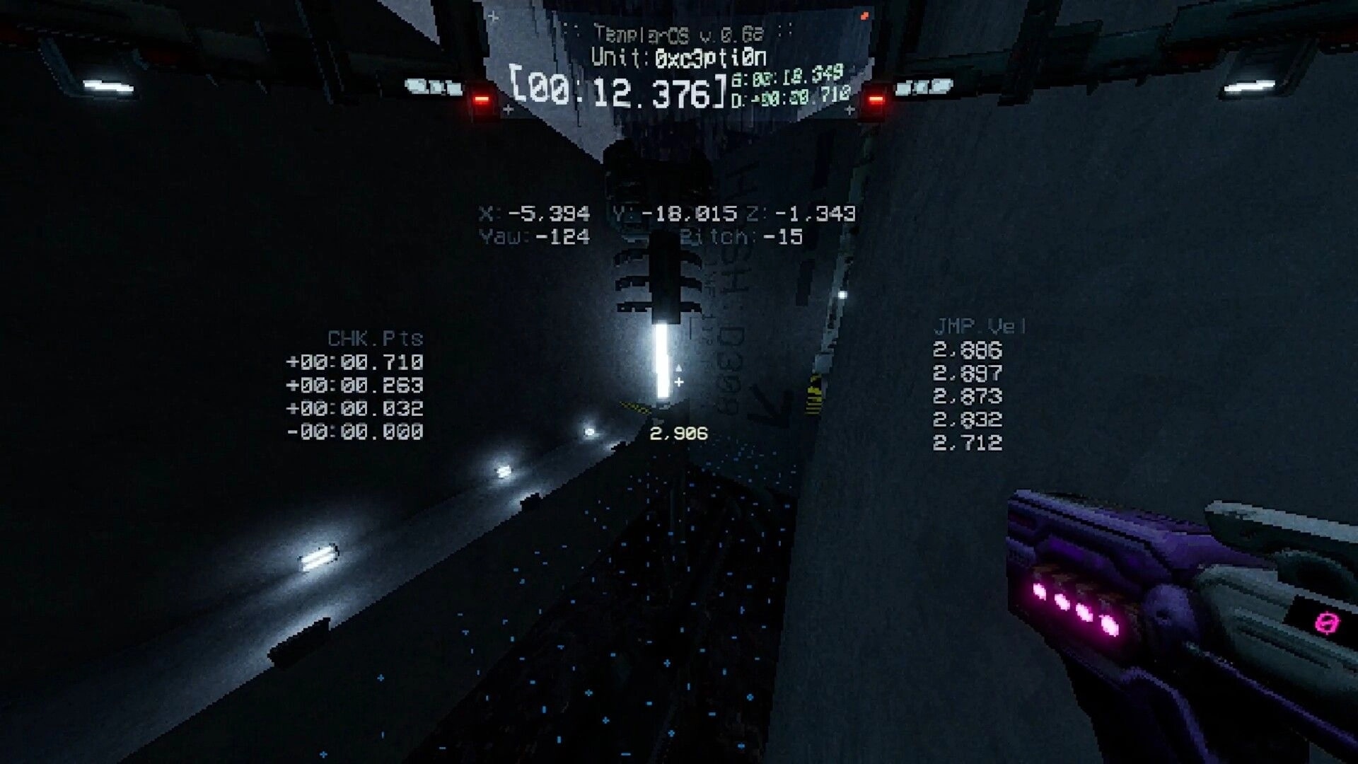 Delta: First-person wallrun in a dark sci-fi tunnel, speedrun timer and jump velocity HUD visible.