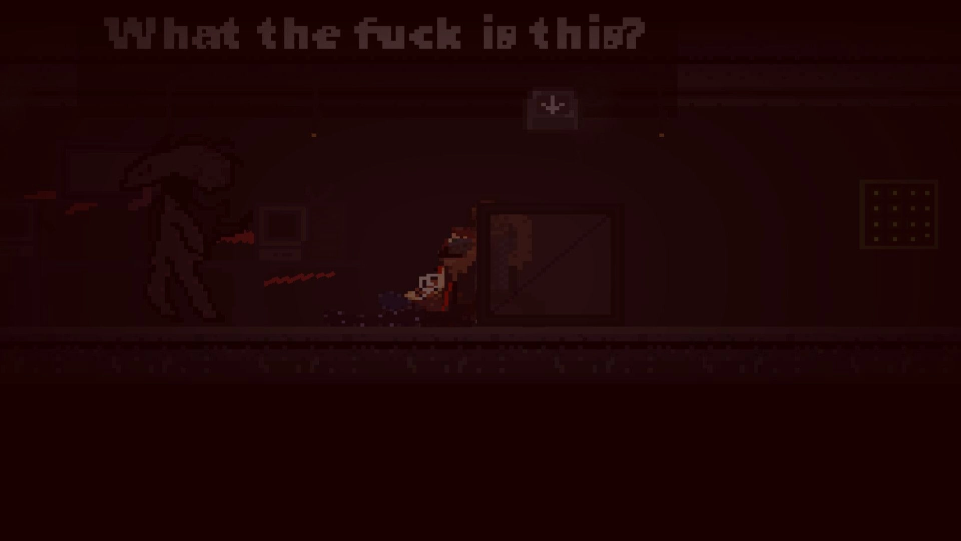Delta 78: Character encounters shadowy figure in dark corridor with text "What the fuck is this?"