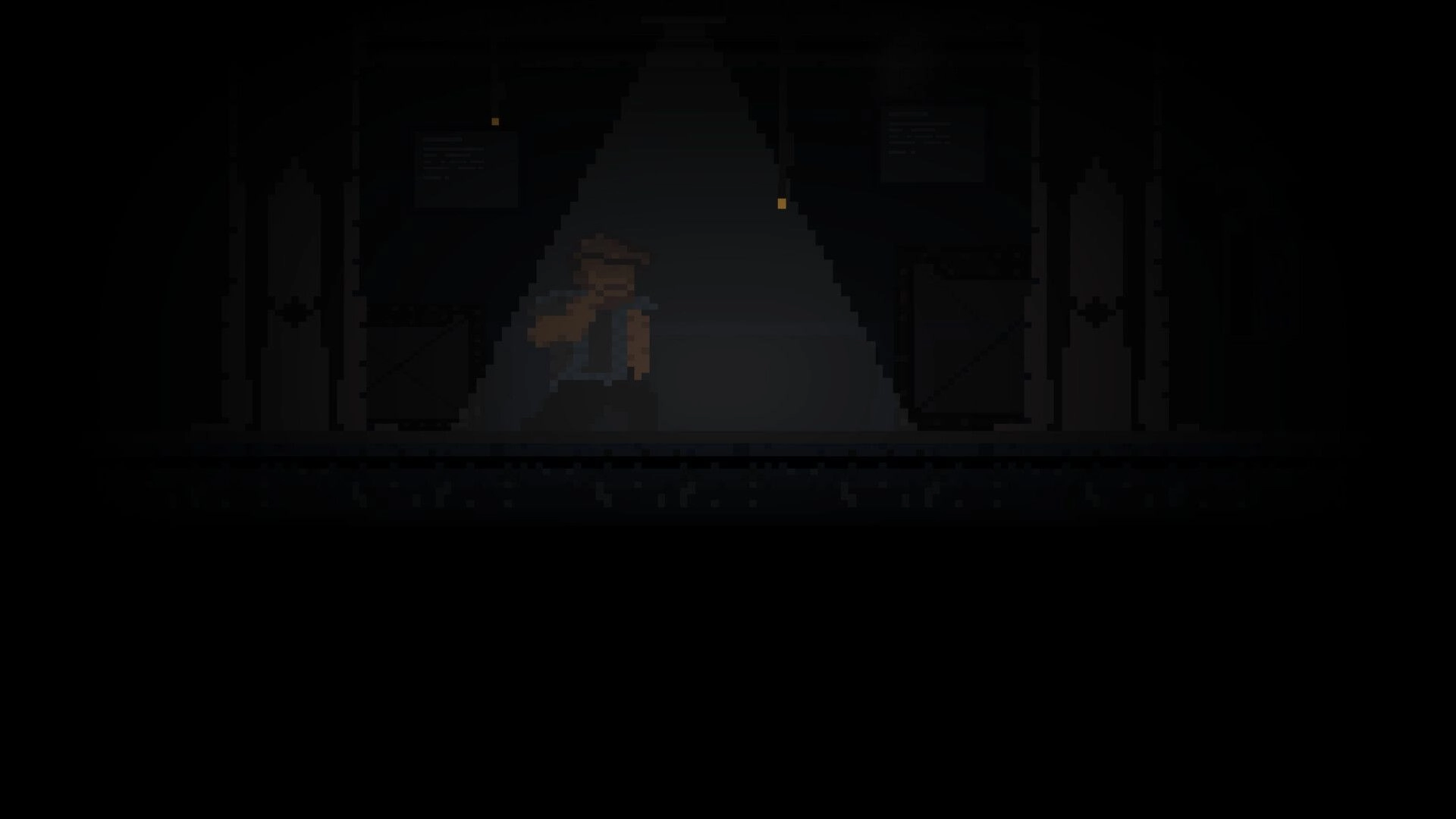 Delta 78: Lone crew member in dimly lit corridor, surrounded by shadows, with faint overhead lights.