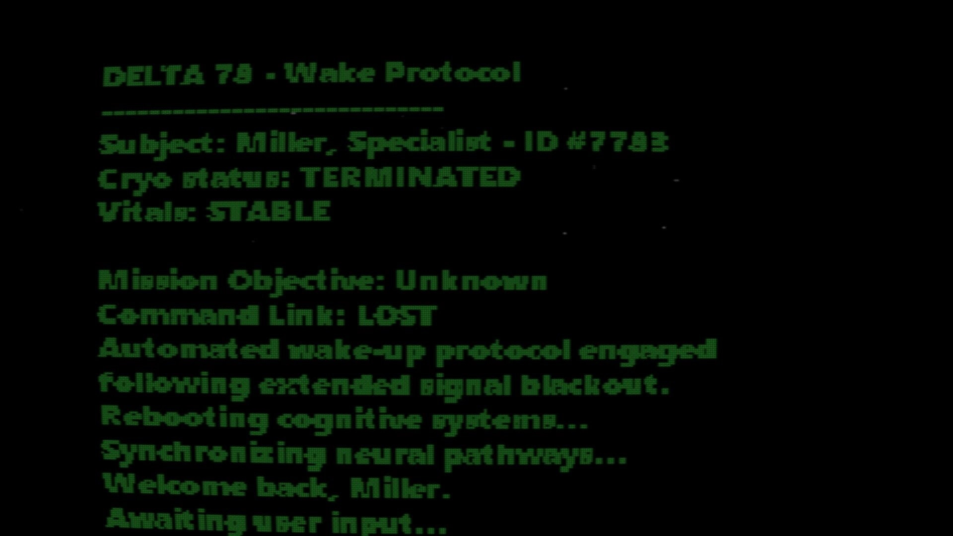Delta 78: Wake Protocol screen with Miller's cryo status terminated, vitals stable, command link lost