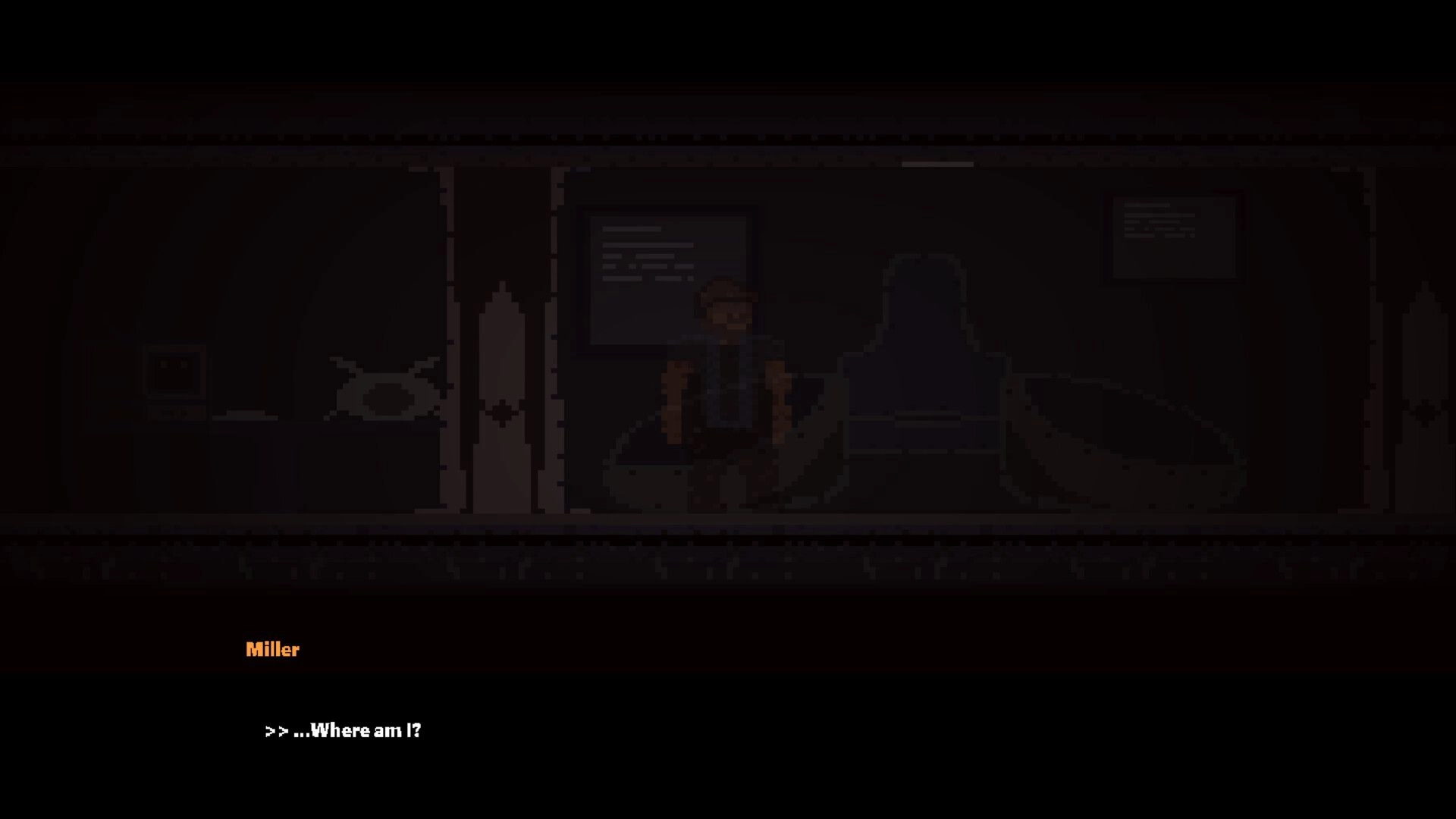 Delta 78: Miller stands in a dimly lit room with a chair and computer screen, questioning his location.