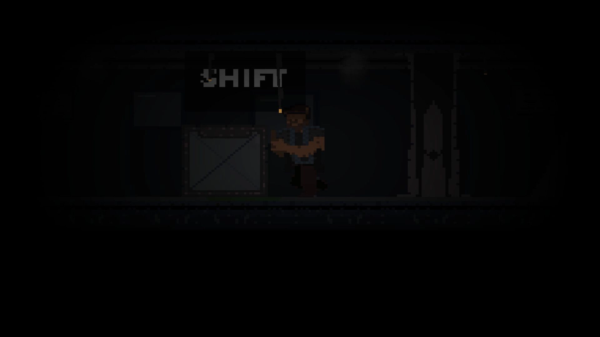 Delta 78: Character hiding behind a crate in a dimly lit corridor with "SHIFT" prompt above.