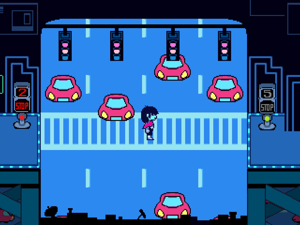 DELTARUNE: Kris crossing a road with cars and traffic lights in a pixelated city environment