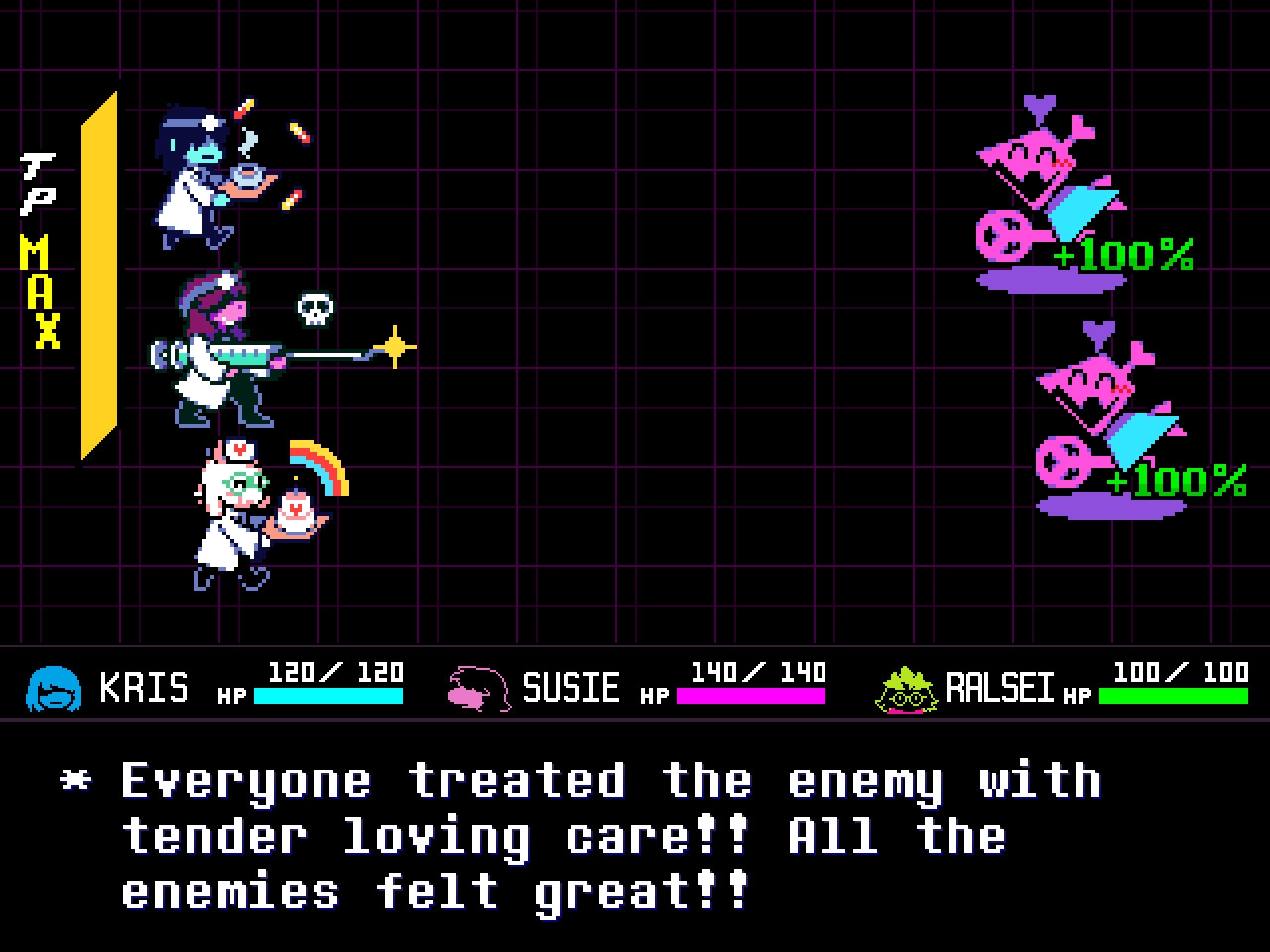 DELTARUNE: Kris, Susie, and Ralsei use healing skills on enemies in a battle grid interface.