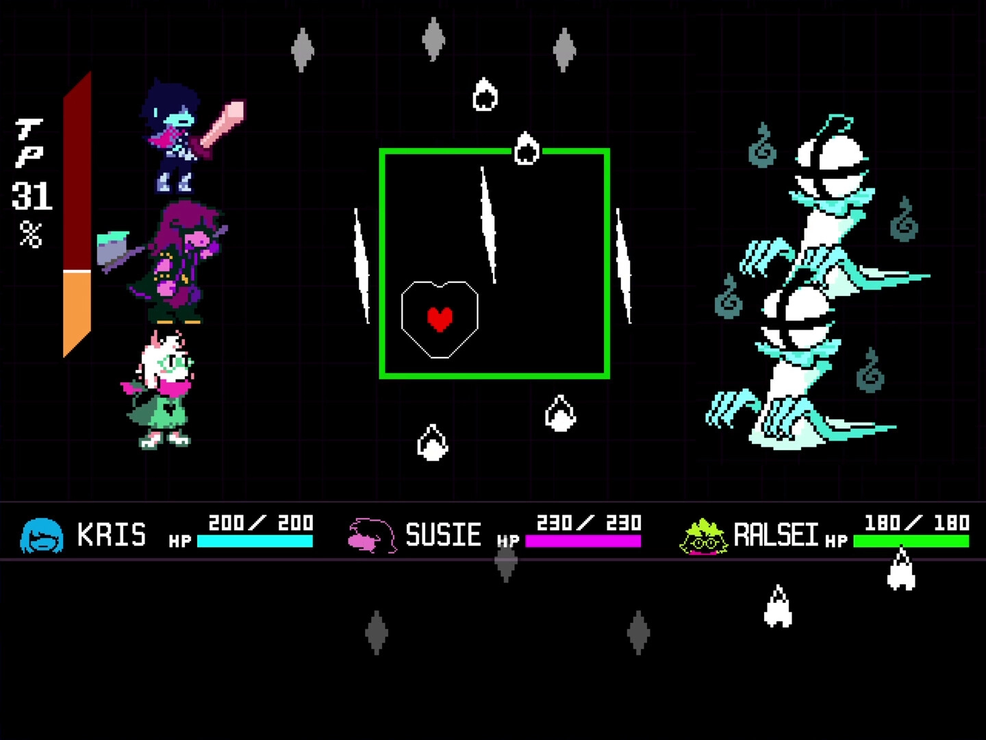 DELTARUNE: Combat with Kris, Susie, Ralsei against two enemies, heart target in grid, TP meter visible.