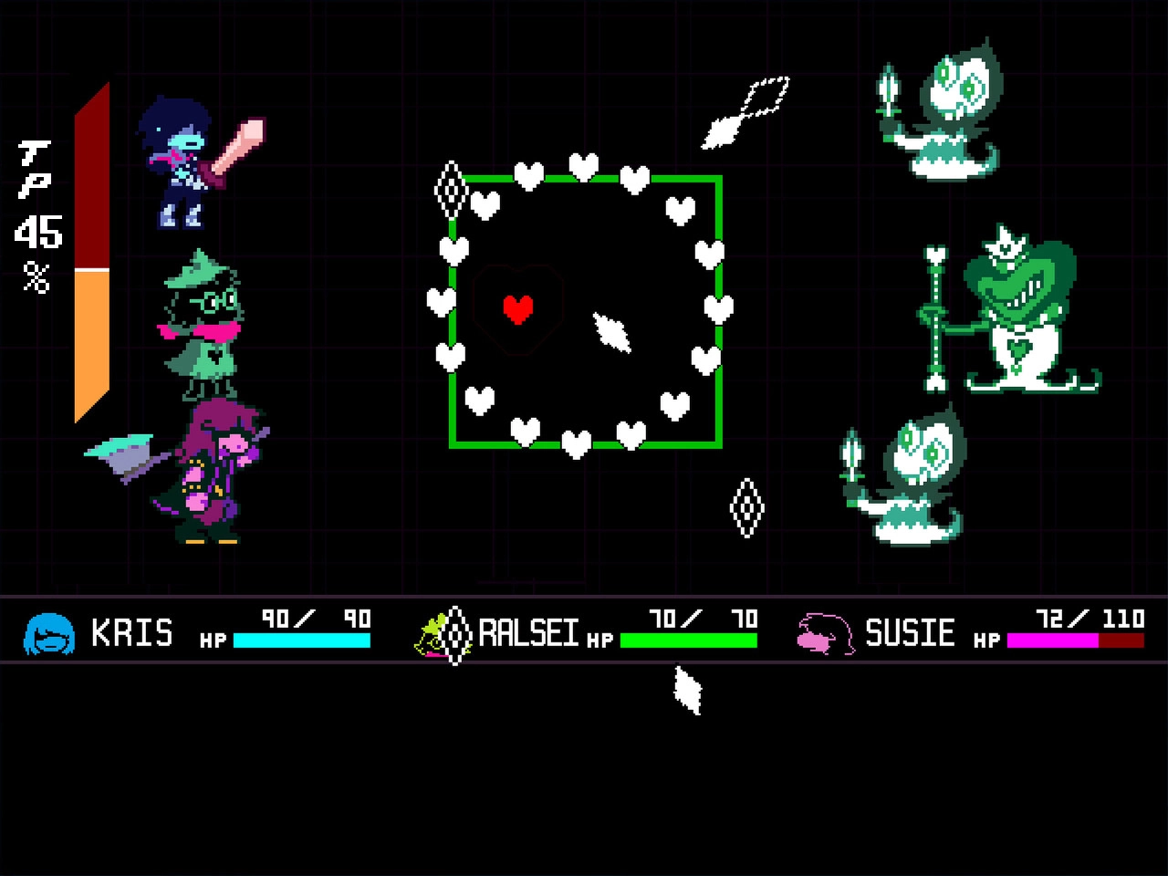 DELTARUNE: Kris, Ralsei, and Susie in combat with enemies, heart cursor dodging attacks in battle grid.