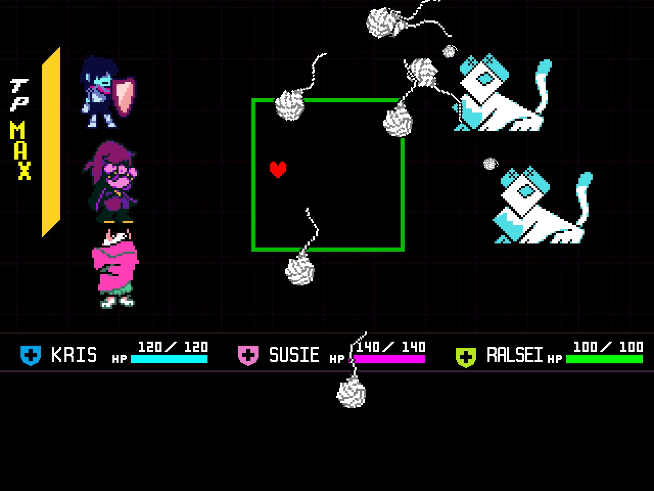 DELTARUNE: Combat screen with Kris, Susie, and Ralsei facing two enemies in a black grid environment